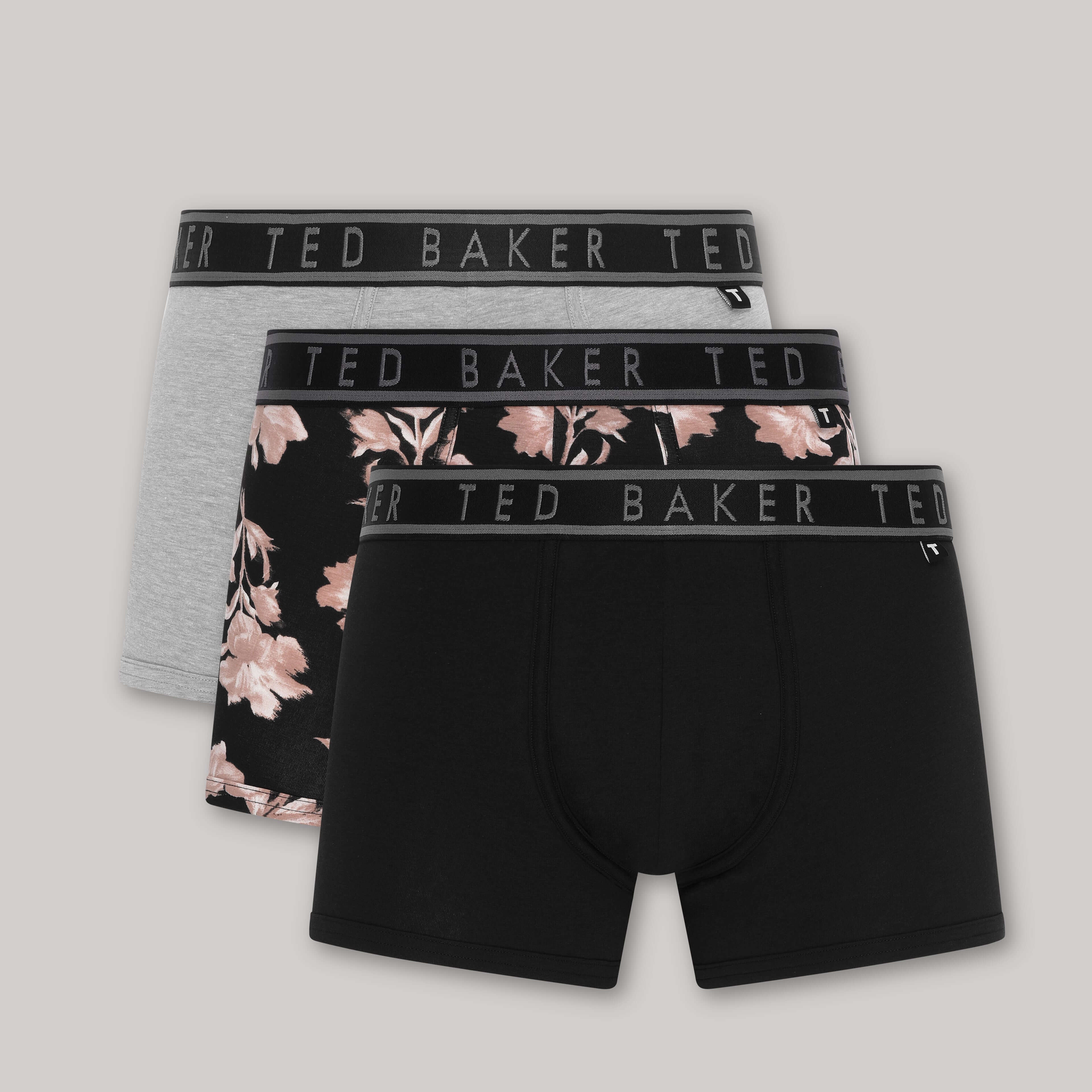 Ted Baker 3 Pack Cotton Stretch Fashion Trunks - Black / Grey / Print Flower