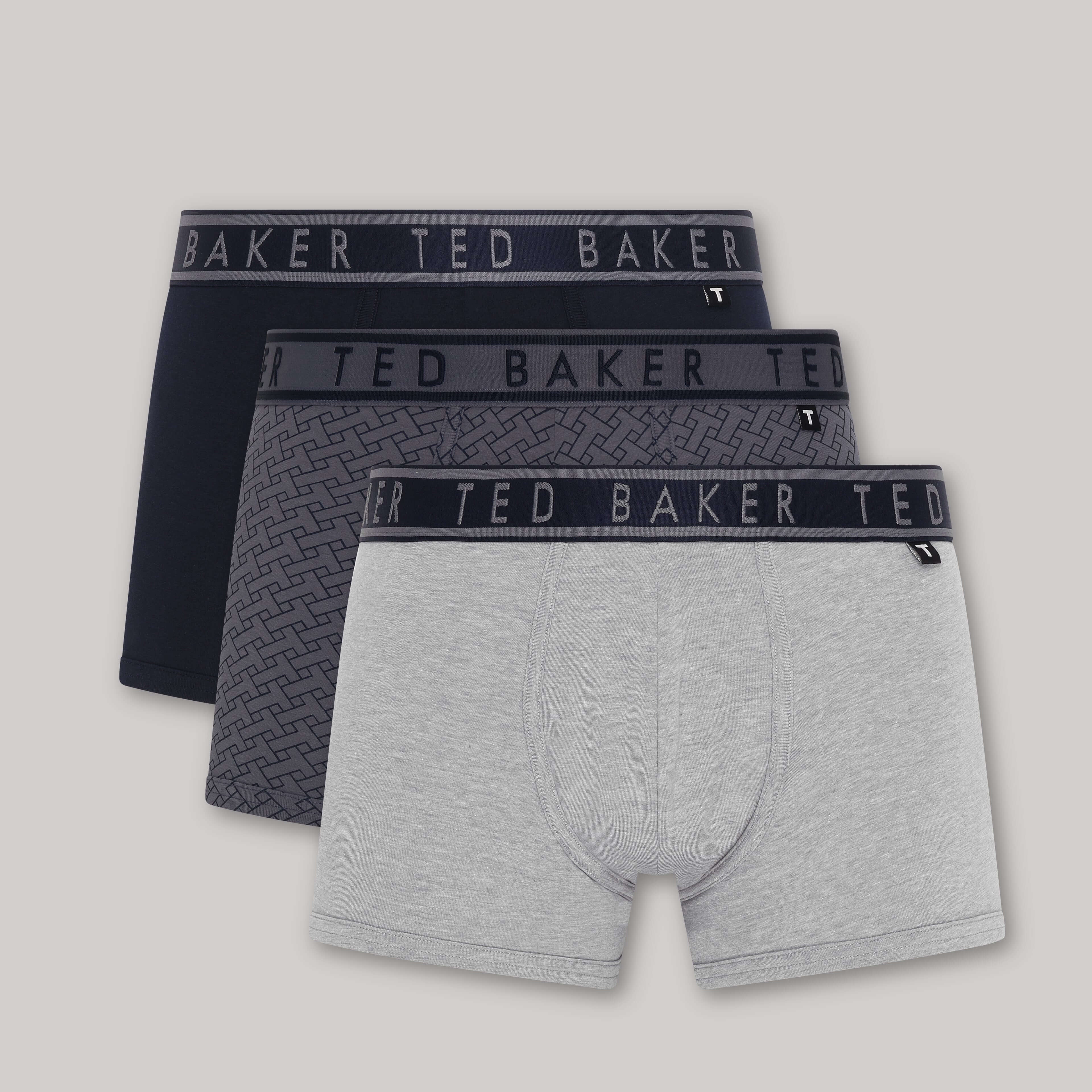Ted Baker 3 Pack Cotton Stretch Fashion Trunks - Black / Grey / Charcoal Patterned