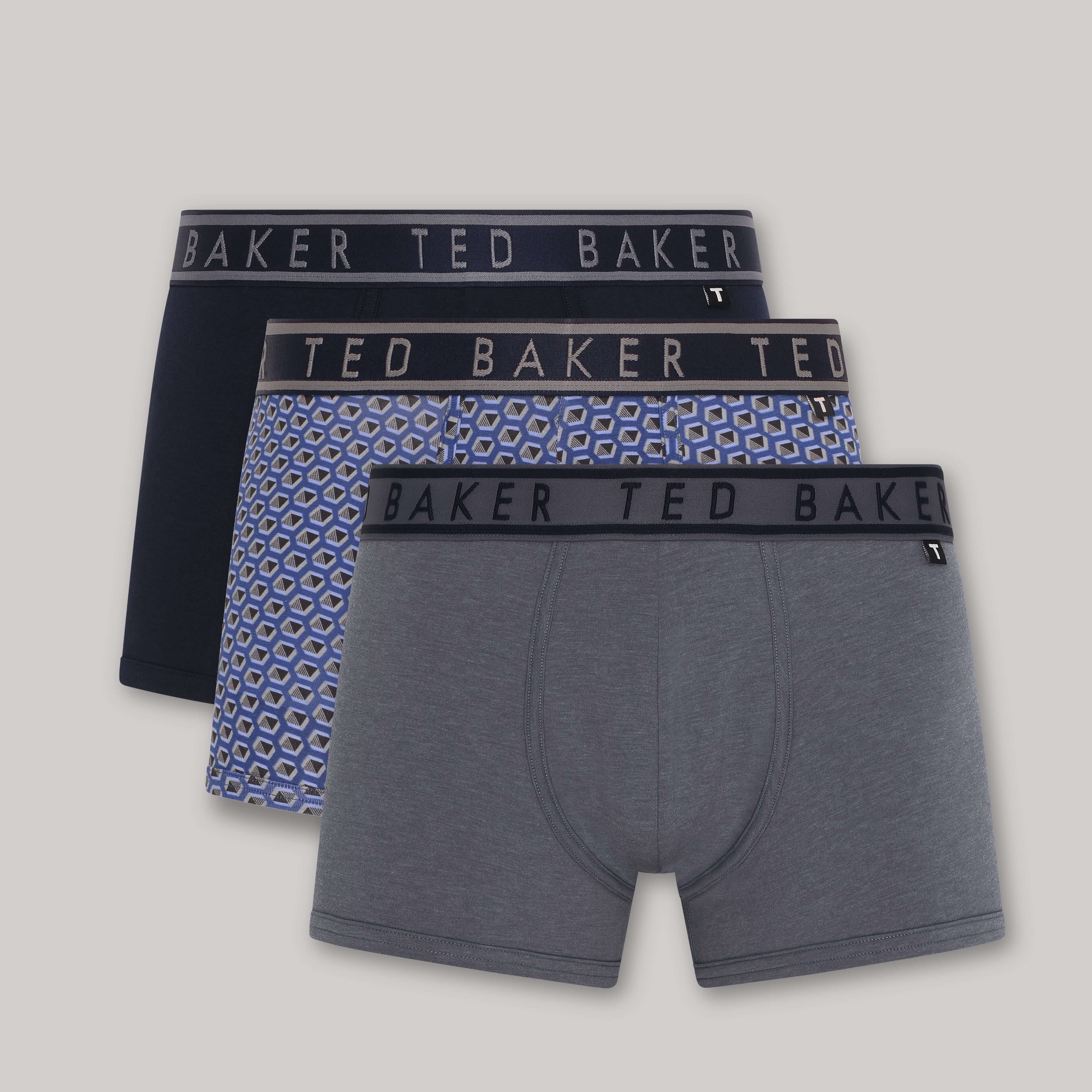 Ted Baker 3 Pack Cotton Stretch Fashion Trunks - Navy, Charcoal, Blue Print