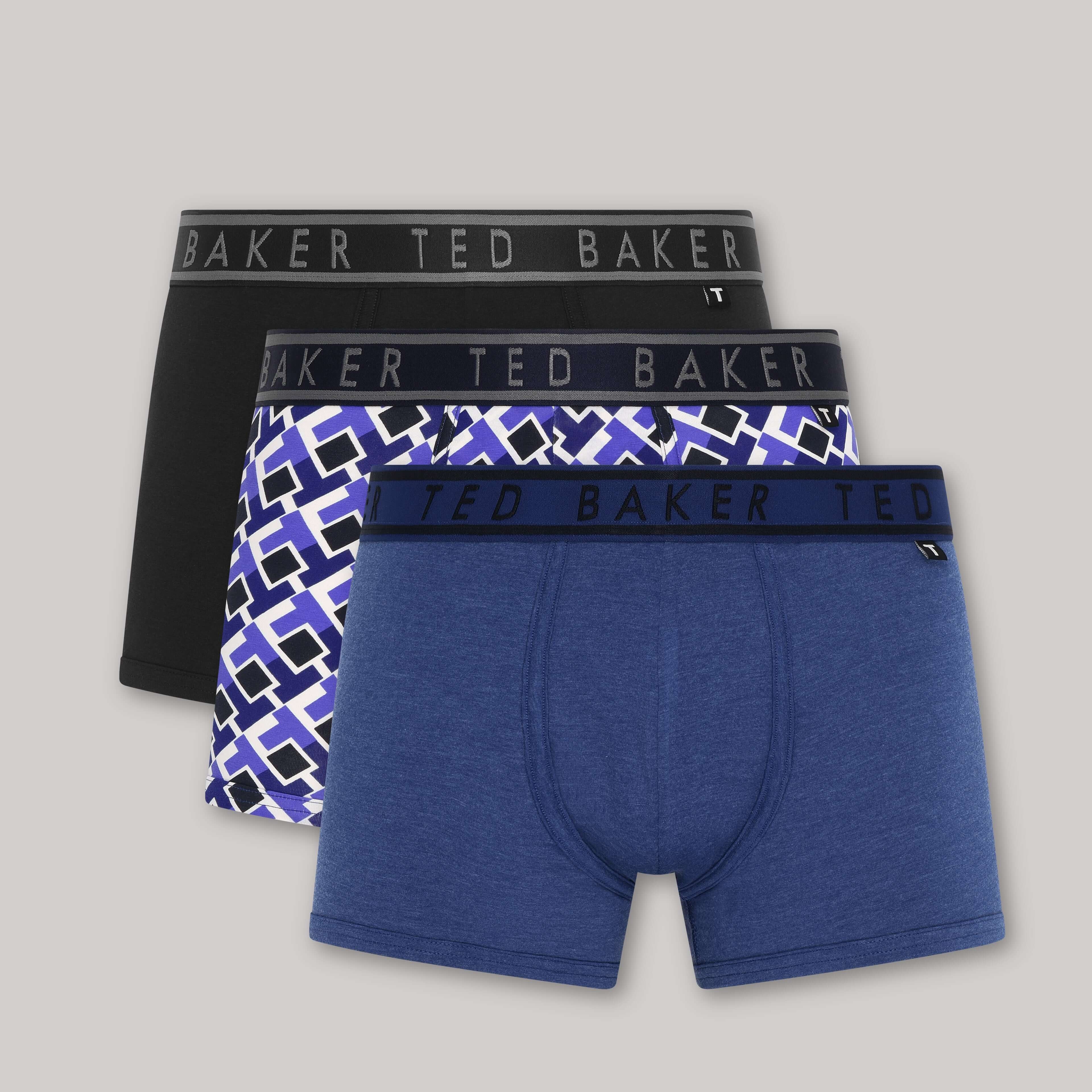 Ted Baker 3 Pack Cotton Stretch Fashion Trunks - Black / Blue / Purple Pattern