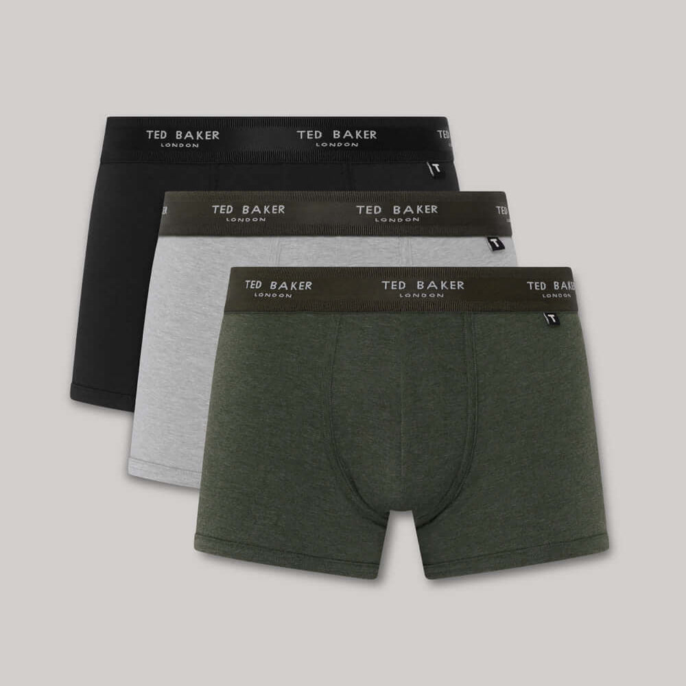 Ted Baker Mens Three Pack Cotton Trunks - Black/Grey Heather/Park