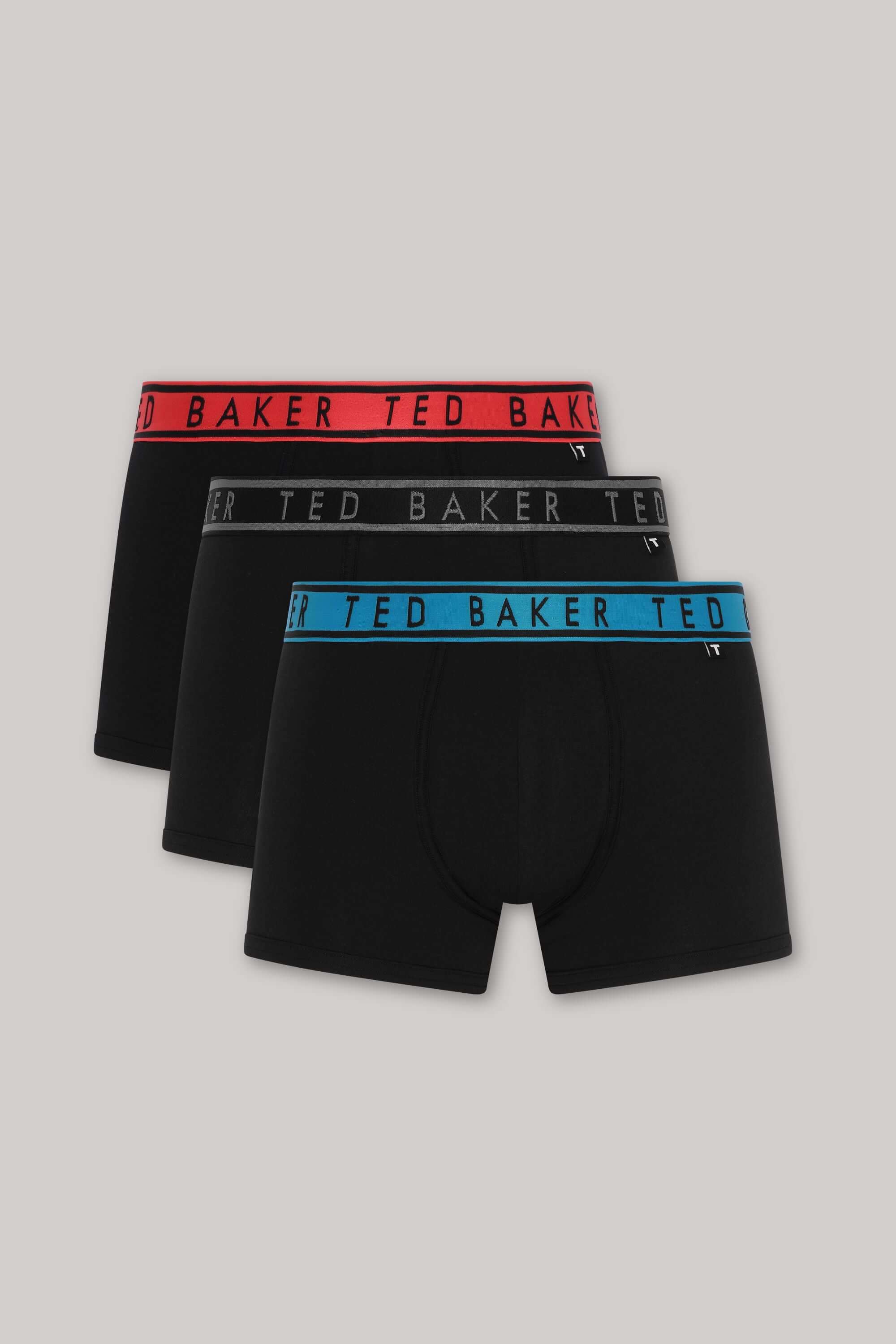 Ted Baker 3 Pack Cotton Stretch Trunks - Black with Red, Black Blue Waistbands