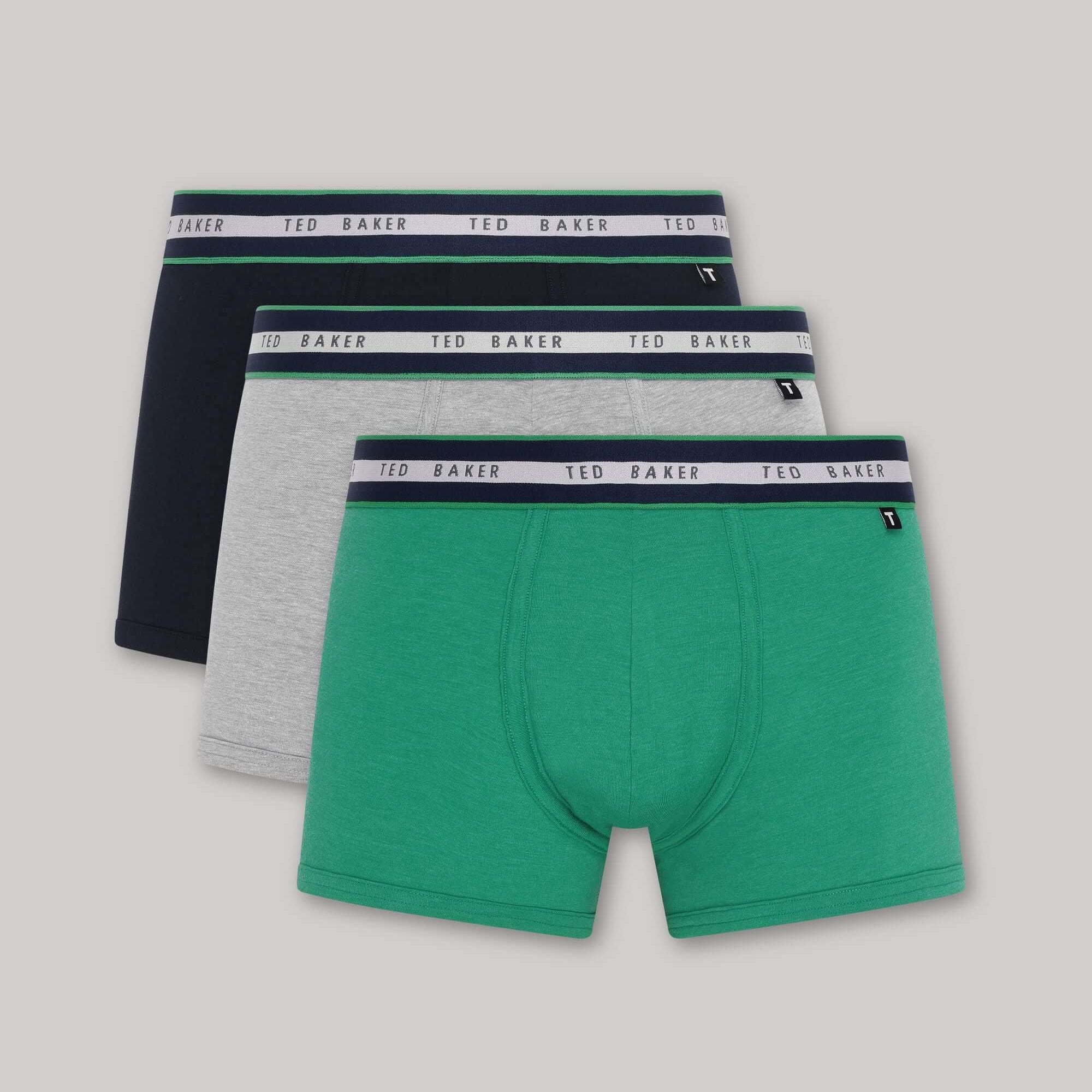Ted Baker 3 Pack Cotton Stretch Trunks - Green/Grey/Peacoat