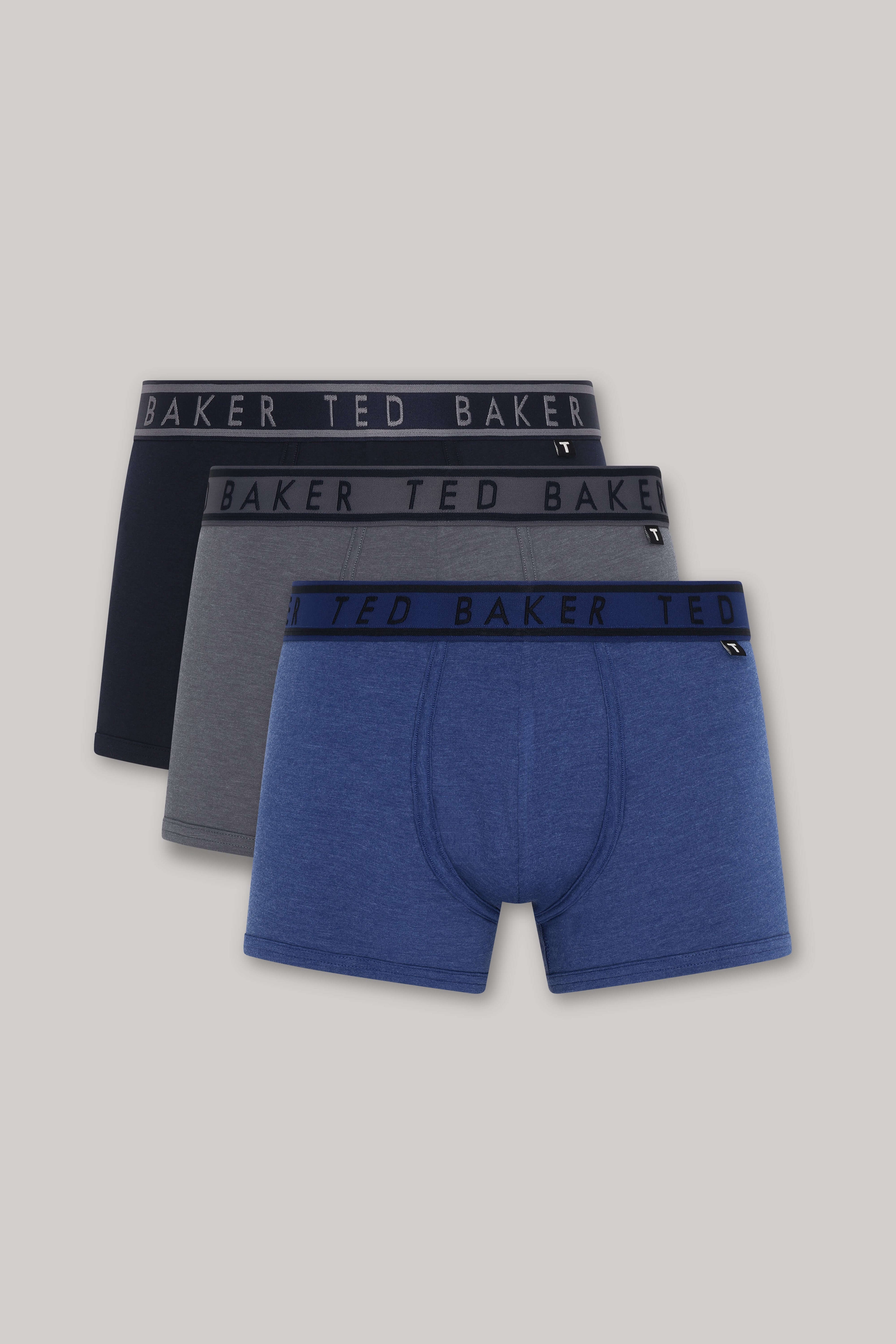 Ted Baker 3 Pack Cotton Stretch Solid Trunks - Black / Blue / Grey
