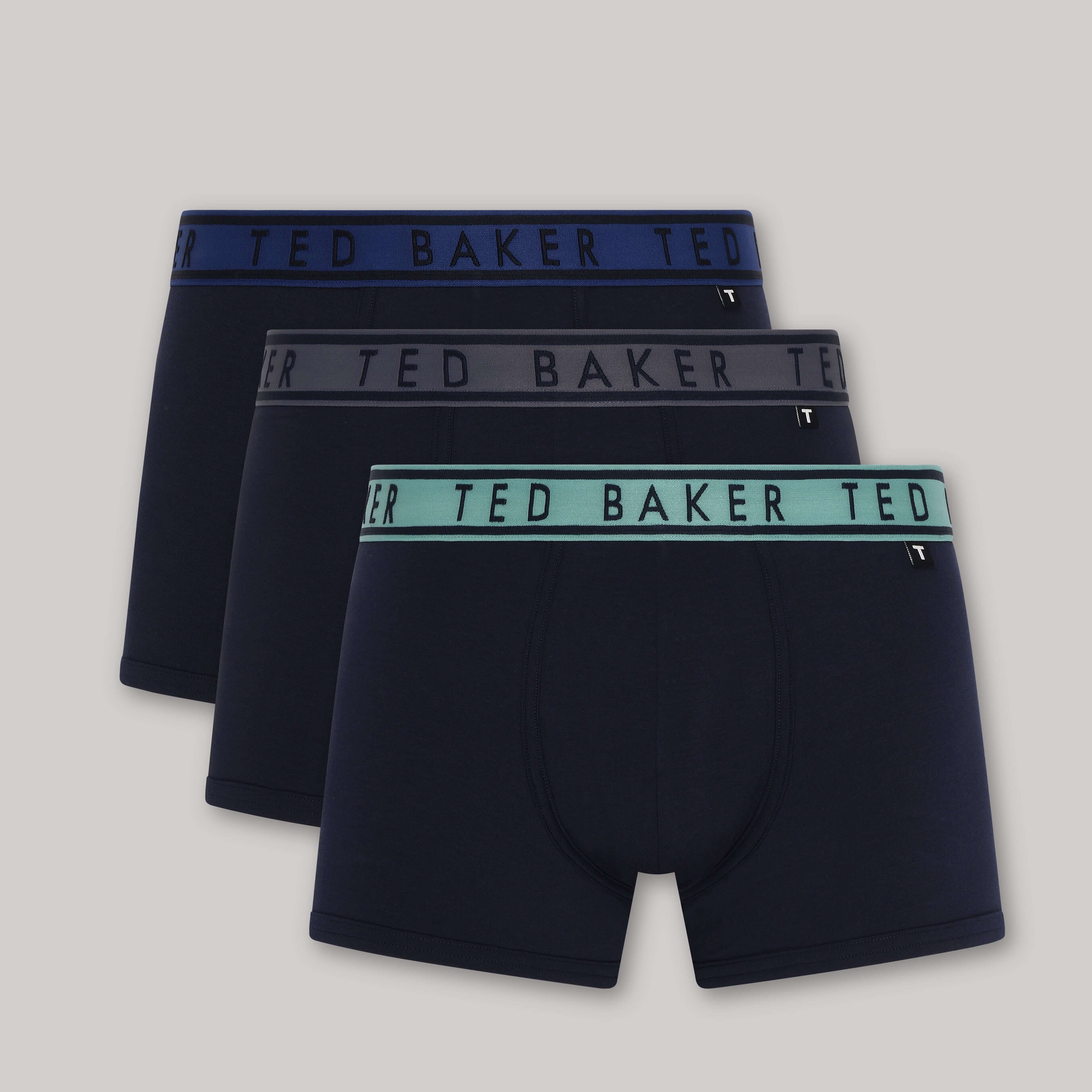 Ted Baker 3 Pack Cotton Stretch Solid Trunks - Black, Blue Waistbands