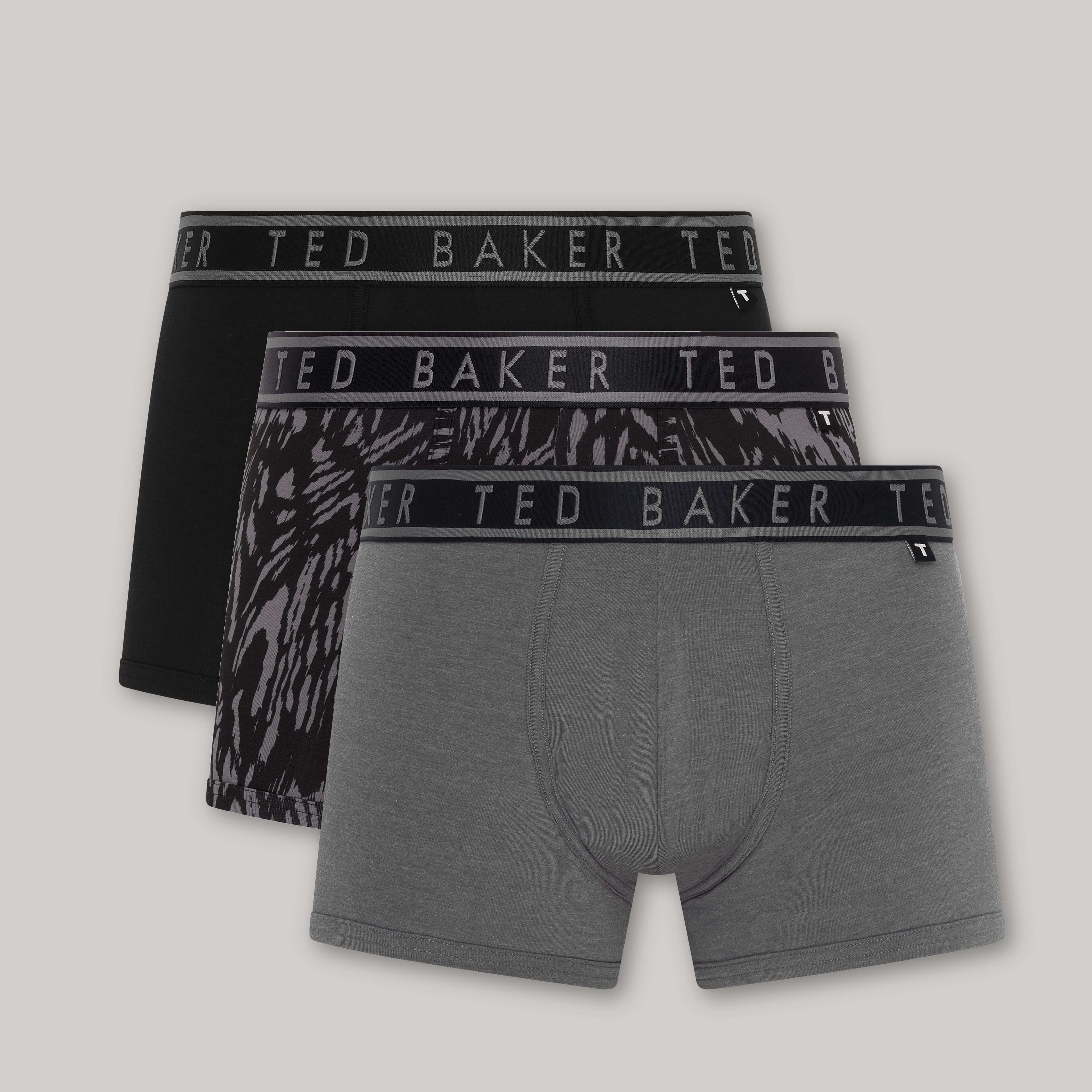 Ted Baker 3 Pack Cotton Stretch Fashion Trunks - Black, Charcoal Pattern
