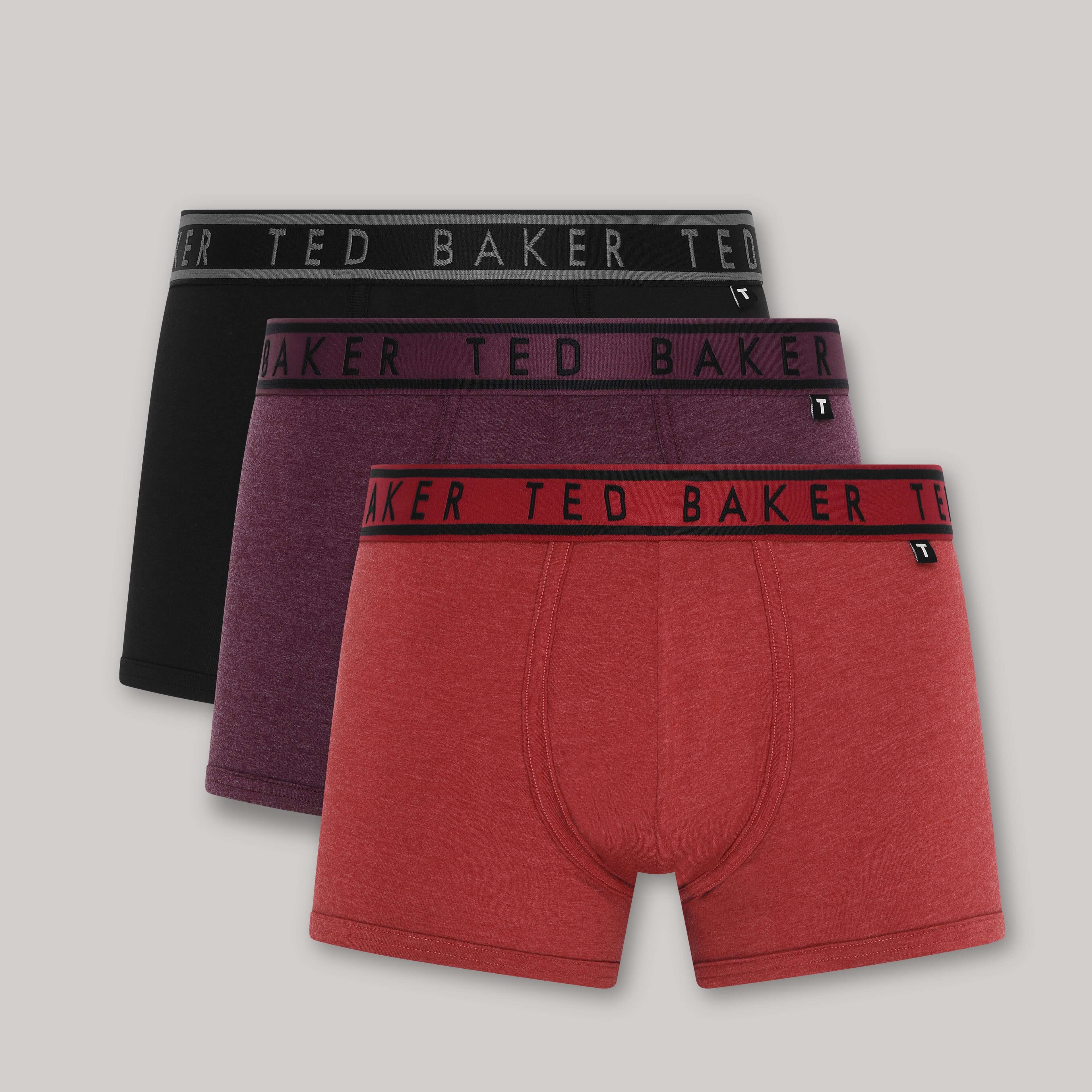 Ted Baker 3 Pack Cotton Stretch Solid Trunks - Black / Plum / Red