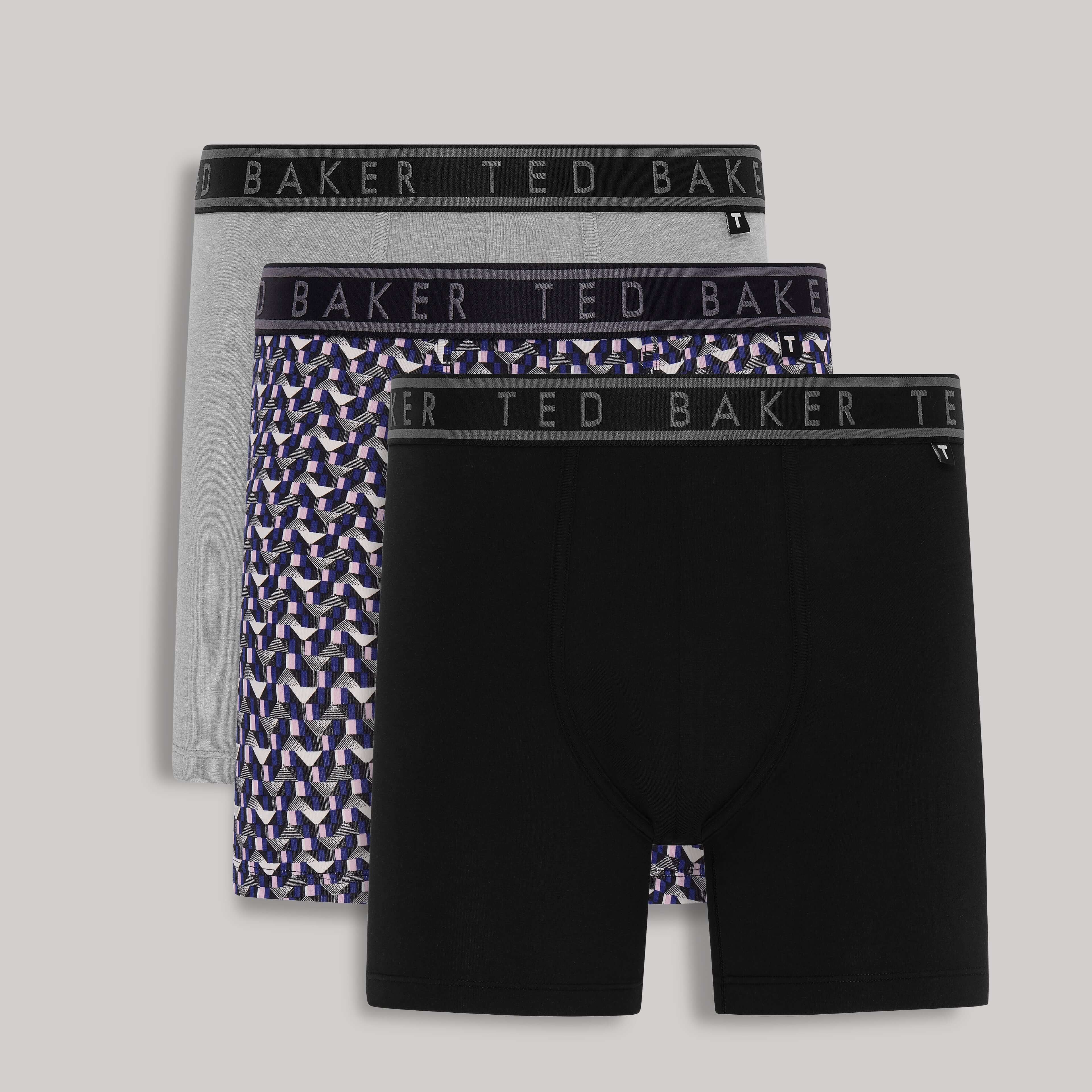 Ted Baker 3 Pack Cotton Stretch Boxer Briefs - Heather Grey/ Blue Black/ Retro Geo