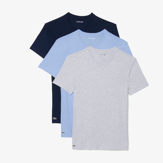 Lacoste TH2273 RFB 3-Pack Slim Fit Cotton Crew Neck T-Shirts – navy blue, light blue and silver marl crew neck T-shirts arranged as a 3-pack