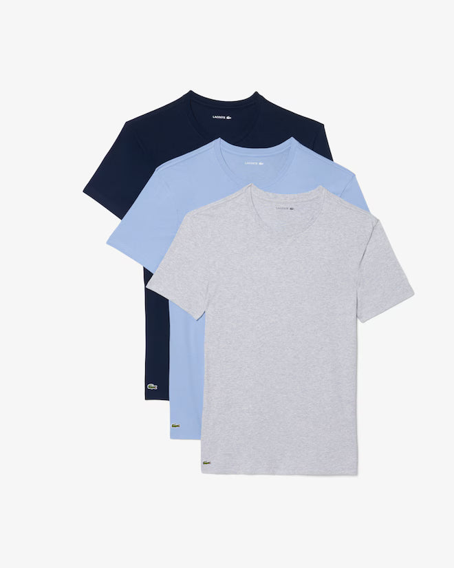 Lacoste TH2273 RFB 3-Pack Slim Fit Cotton Crew Neck T-Shirts – navy blue, light blue and silver marl crew neck T-shirts arranged as a 3-pack