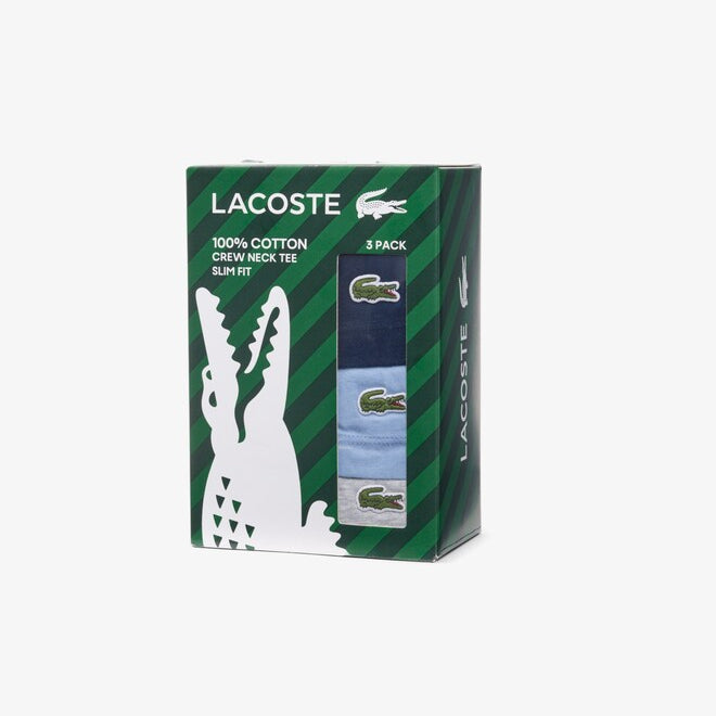Lacoste TH2273 RFB 3-Pack Slim Fit Cotton Crew Neck T-Shirts – Lacoste three-pack box with navy, light blue and silver marl cotton T-shirts