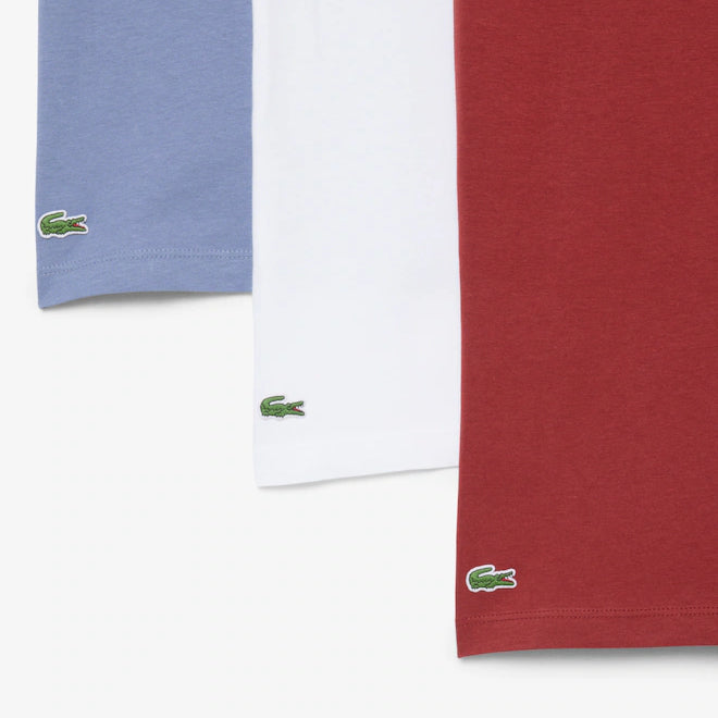 Lacoste TH2273 RFX 3-Pack Slim Fit Cotton Crew Neck T-Shirts – close-up of three cotton T-shirt hems and crocodile embroidery in carmine red, white and blue