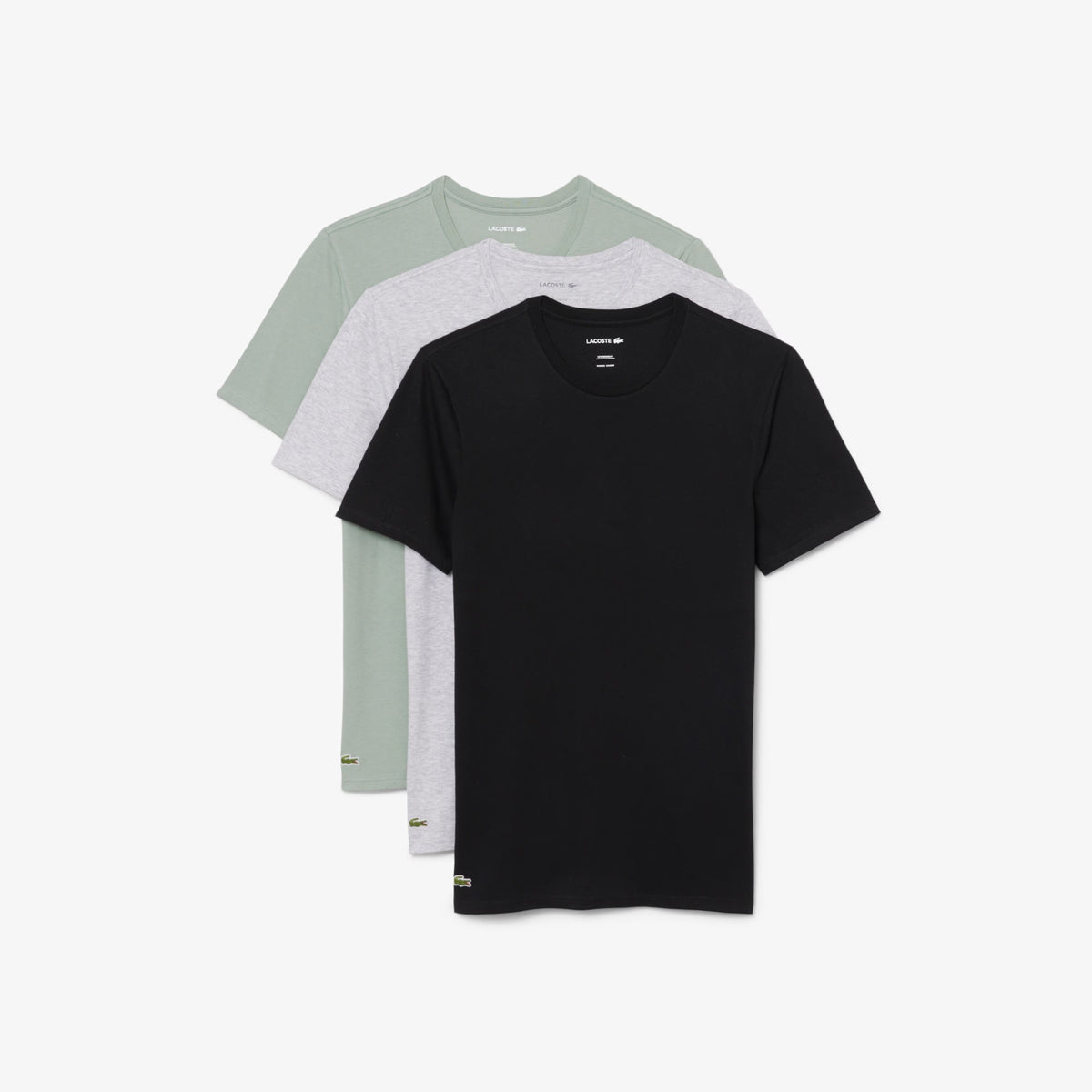Lacoste TH2273 V87 3-Pack Slim Fit Cotton Crew Neck T-Shirts – black, silver marl and sage green slim-fit cotton T-shirts arranged as a 3-pack
