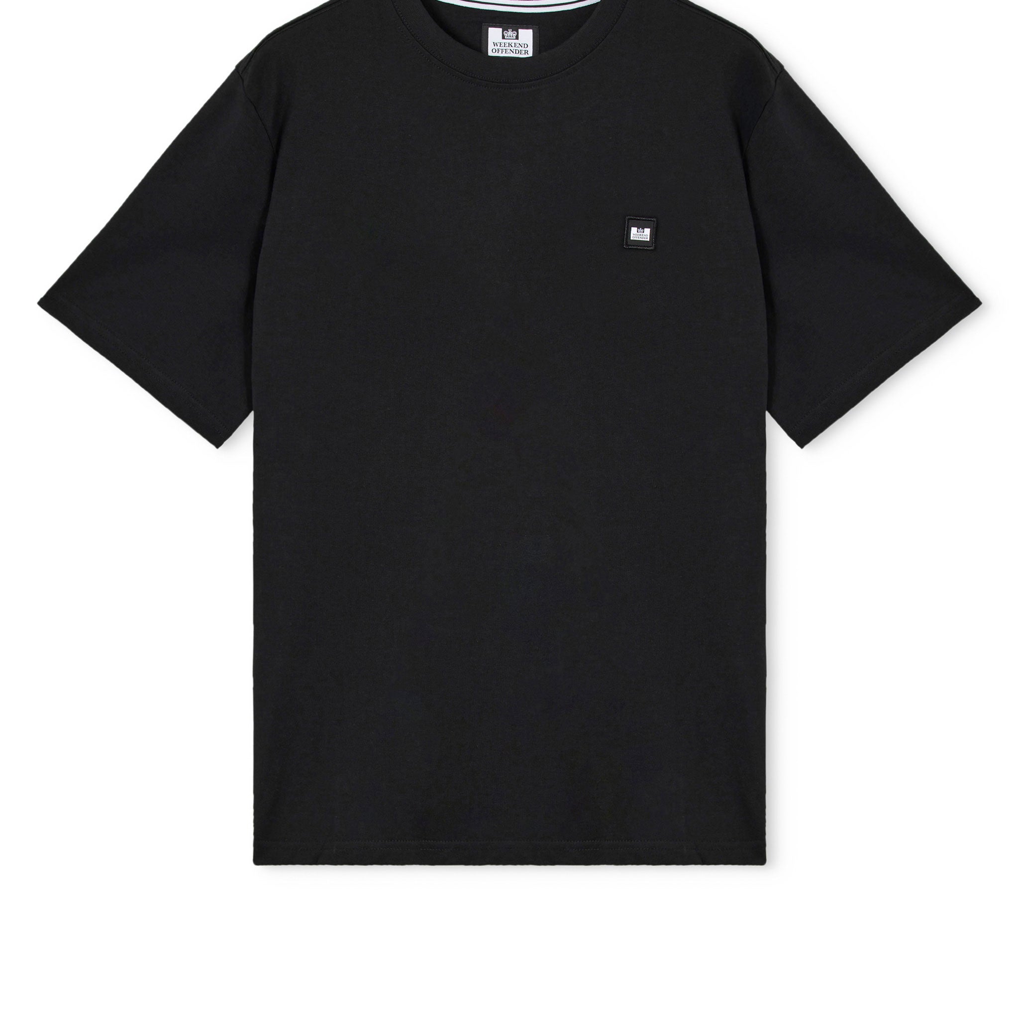Black t-shirt with a small logo on a white background