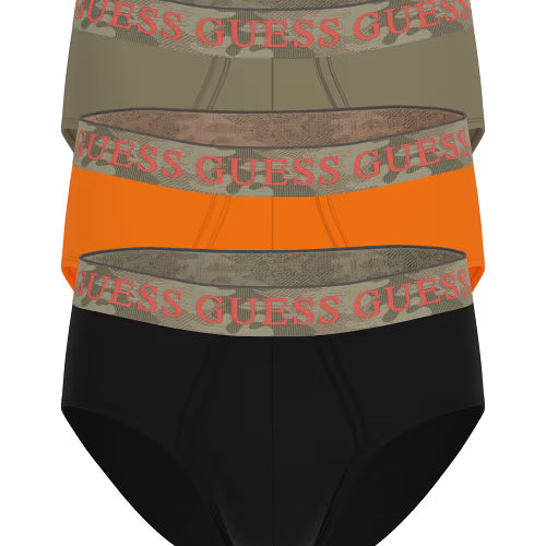 Guess Men’s Briefs 3-Pack – Orange, Black & Olive Cotton Stretch Underwear