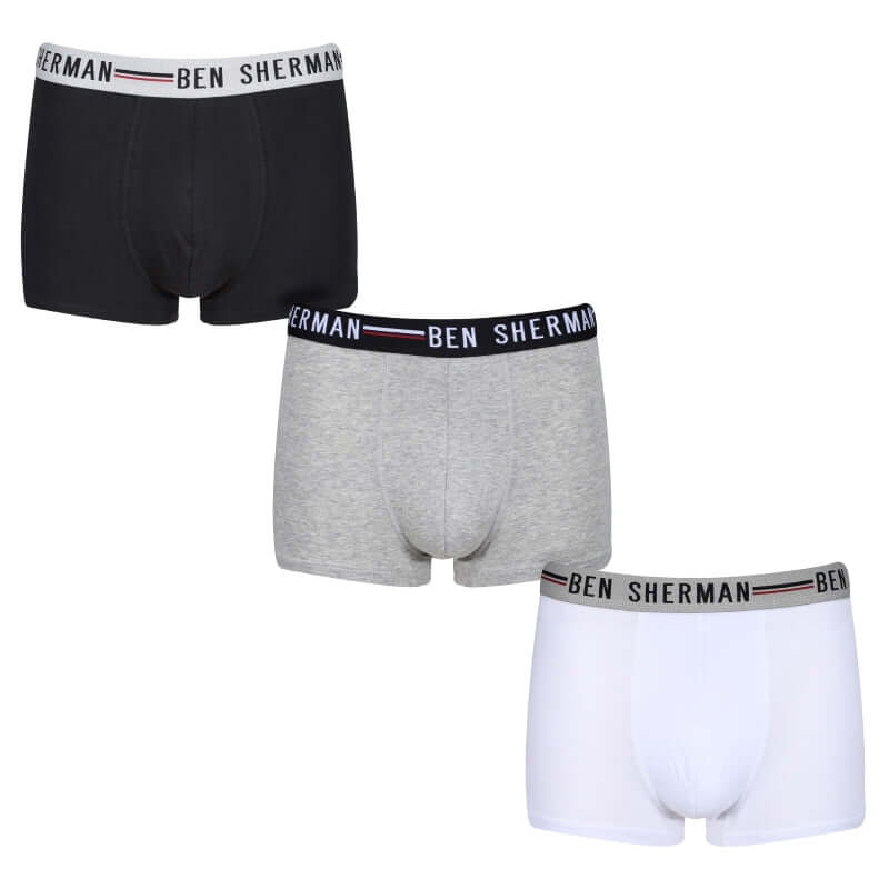 Ben Sherman Men's Roman 3 Pack Trunks - Black/White/Grey