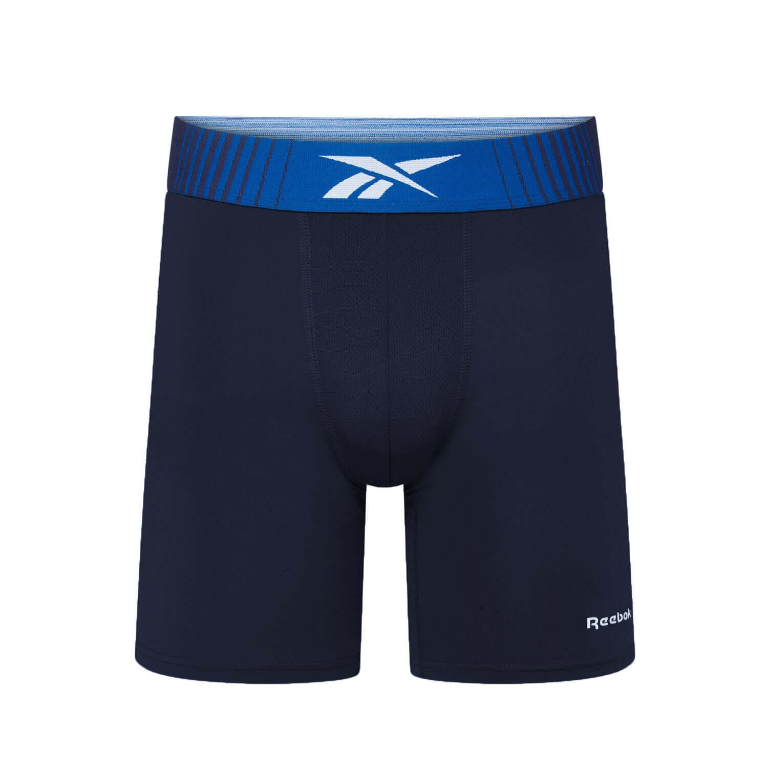 Black athletic shorts with a blue waistband featuring Reebok logo on a white background