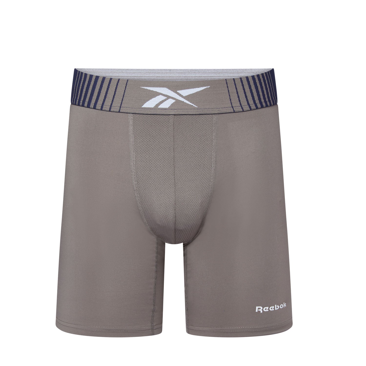 Gray Reebok boxer briefs with a white logo on a white background