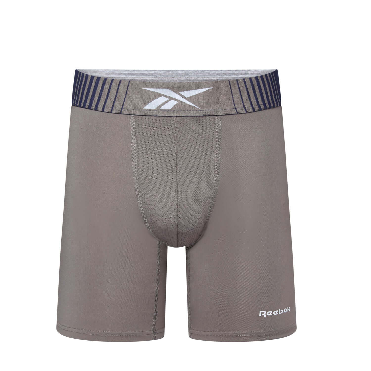 Gray Reebok boxer briefs with a white logo on a white background