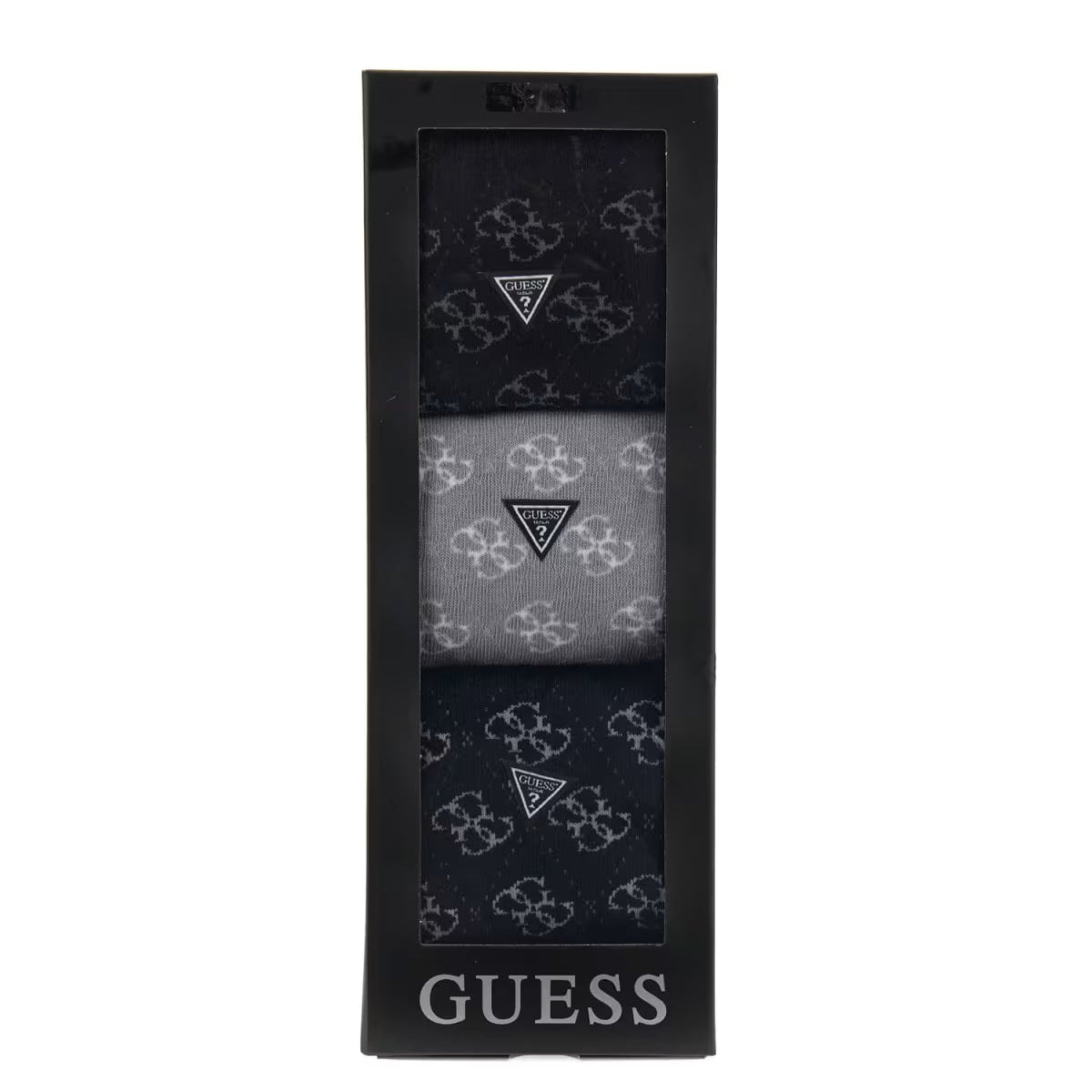GUESS three-pack jacquard socks in black grey and navy