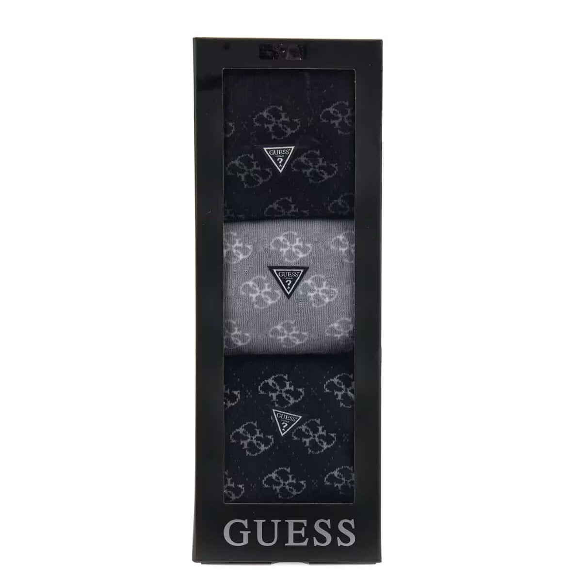 GUESS three-pack jacquard socks in black grey and navy