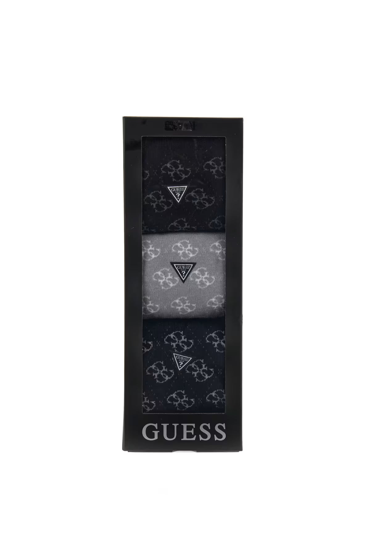 GUESS three-pack jacquard socks in black grey and navy