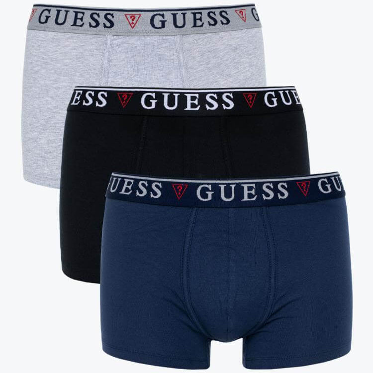 Guess 3 Pack Boxer Trunks Stretch Cotton with Logo Waistband - Grey / Black / Blue