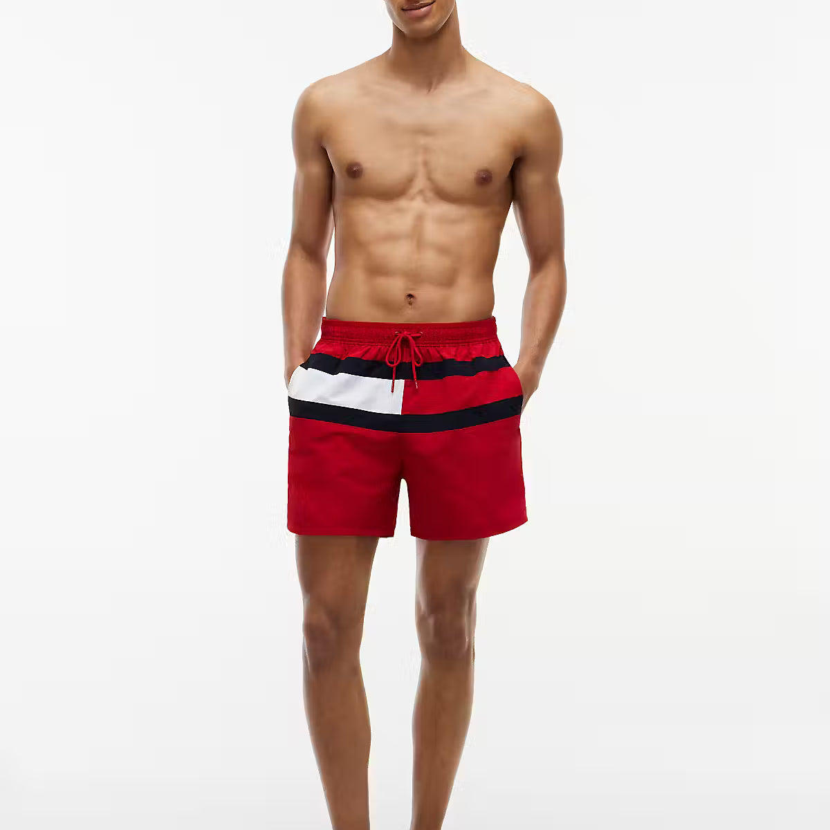 Tommy Hilfiger men’s red flag mid-length recycled nylon swim shorts