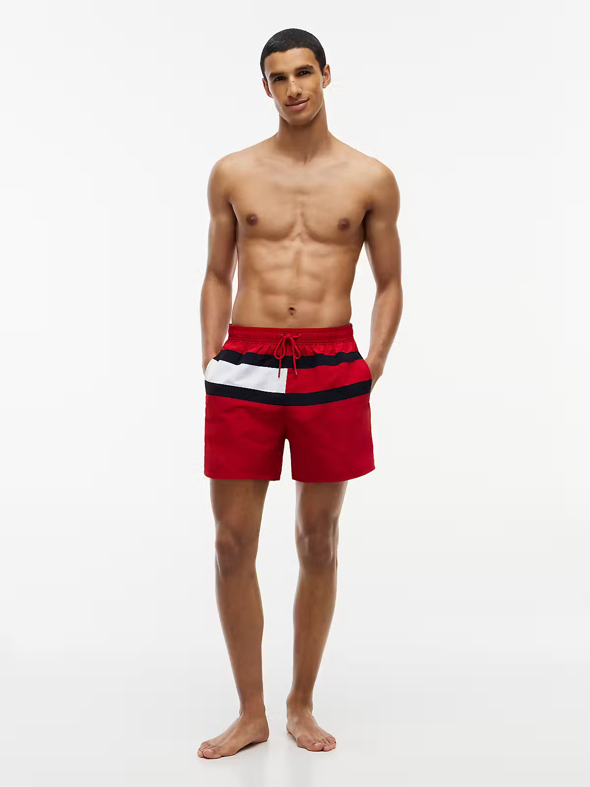 Tommy Hilfiger men’s red flag mid-length recycled nylon swim shorts