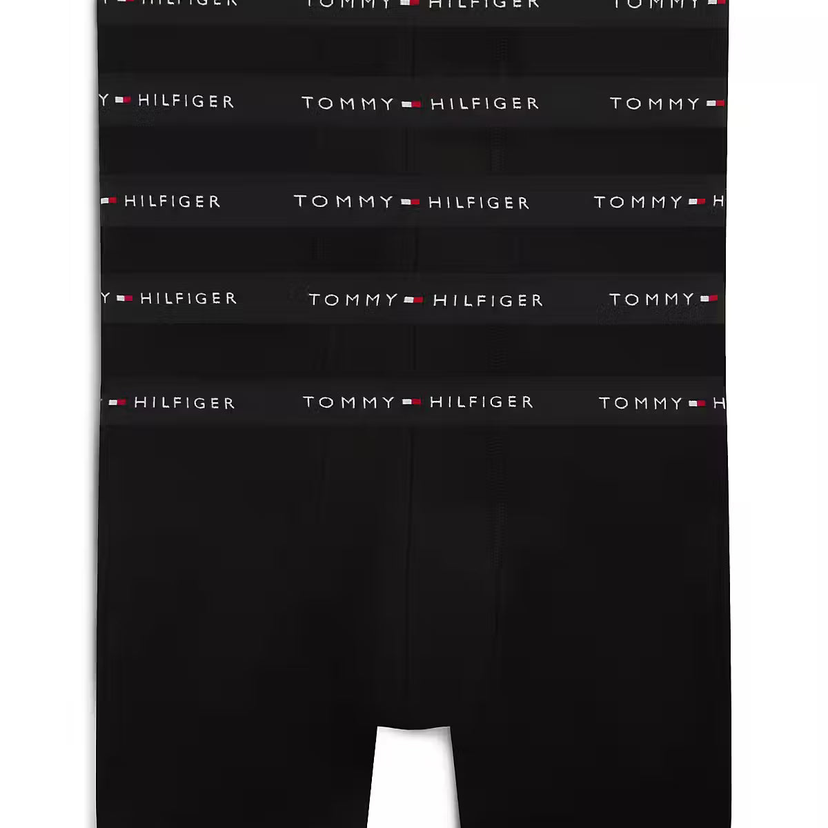 Tommy Hilfiger men’s 5-pack black stretch cotton boxer briefs with waistbands.