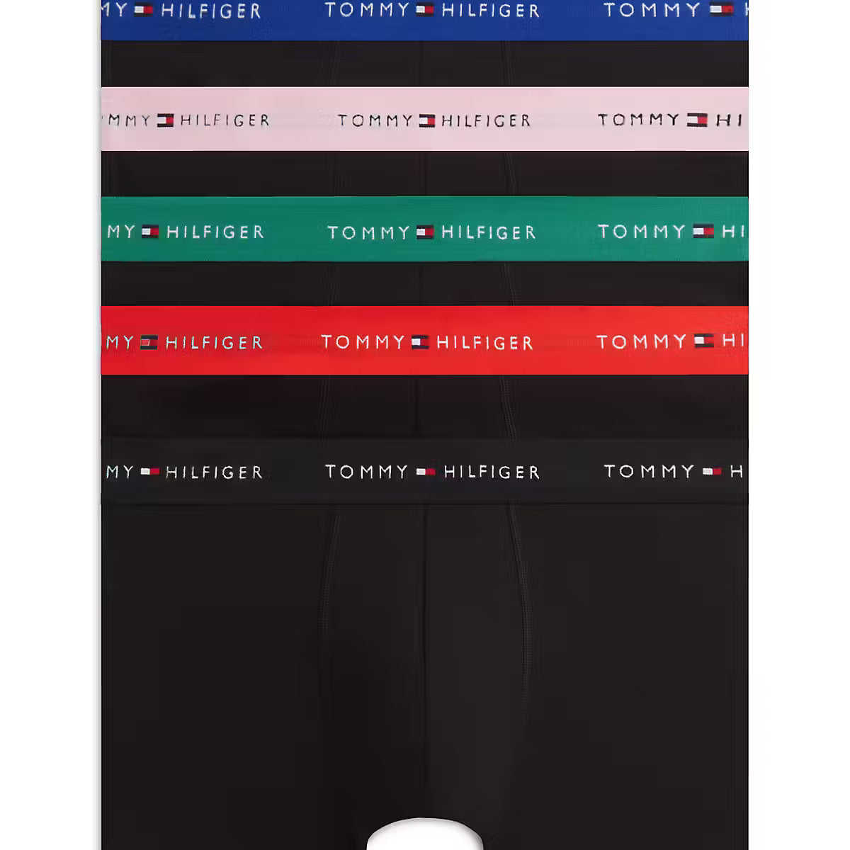 Tommy Hilfiger men’s 5-pack black stretch cotton trunks with assorted signature logo waistbands