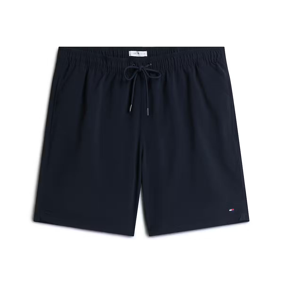 Navy blue drawstring shorts with a small Tommy Hilfiger flag logo on the lower left hem, displayed flat against a white background.