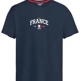 Navy blue t-shirt with 'France' text and flag design on a white background