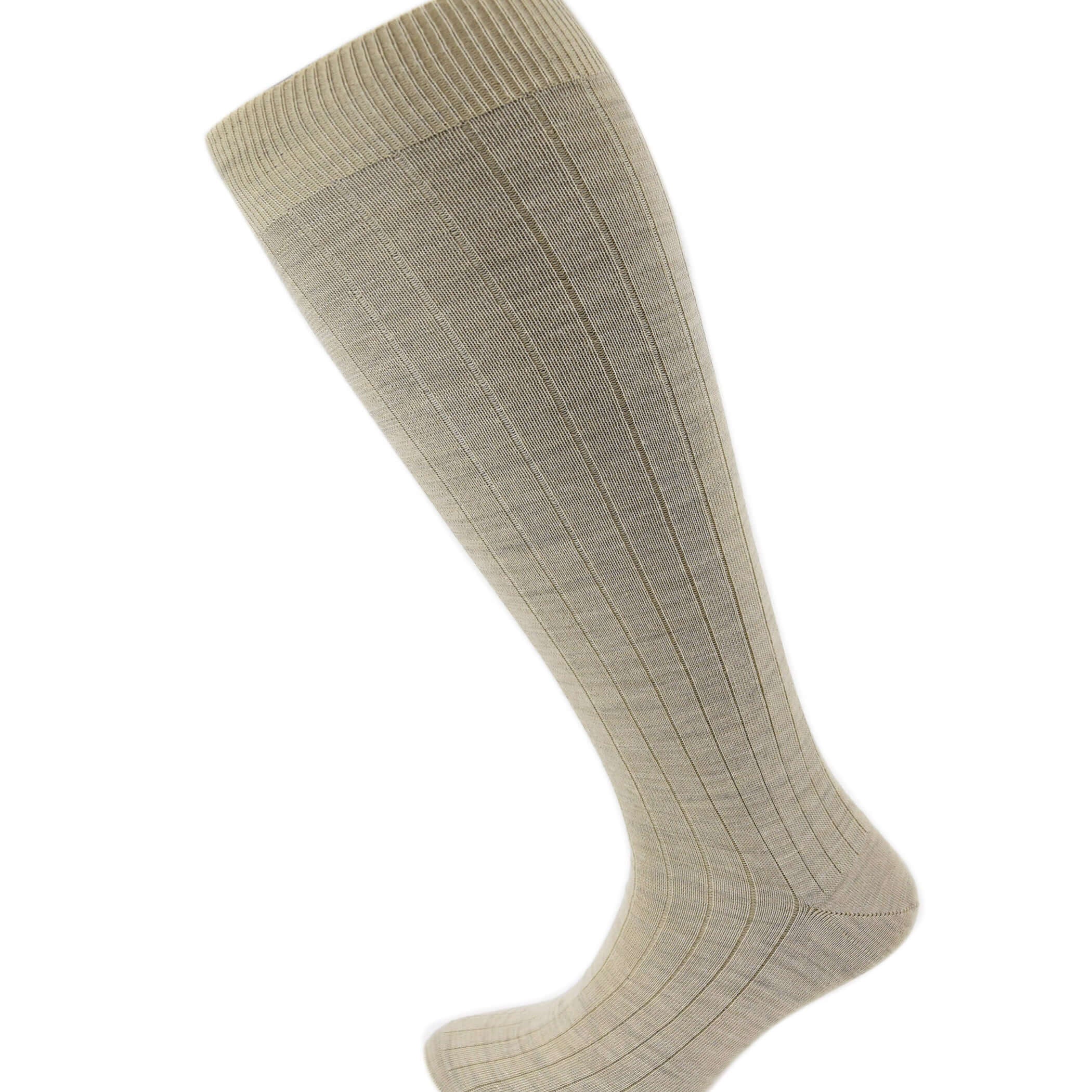 Viyella Mens Knee High Wool Ribbed Sock With Hand Linked Toe - Beige