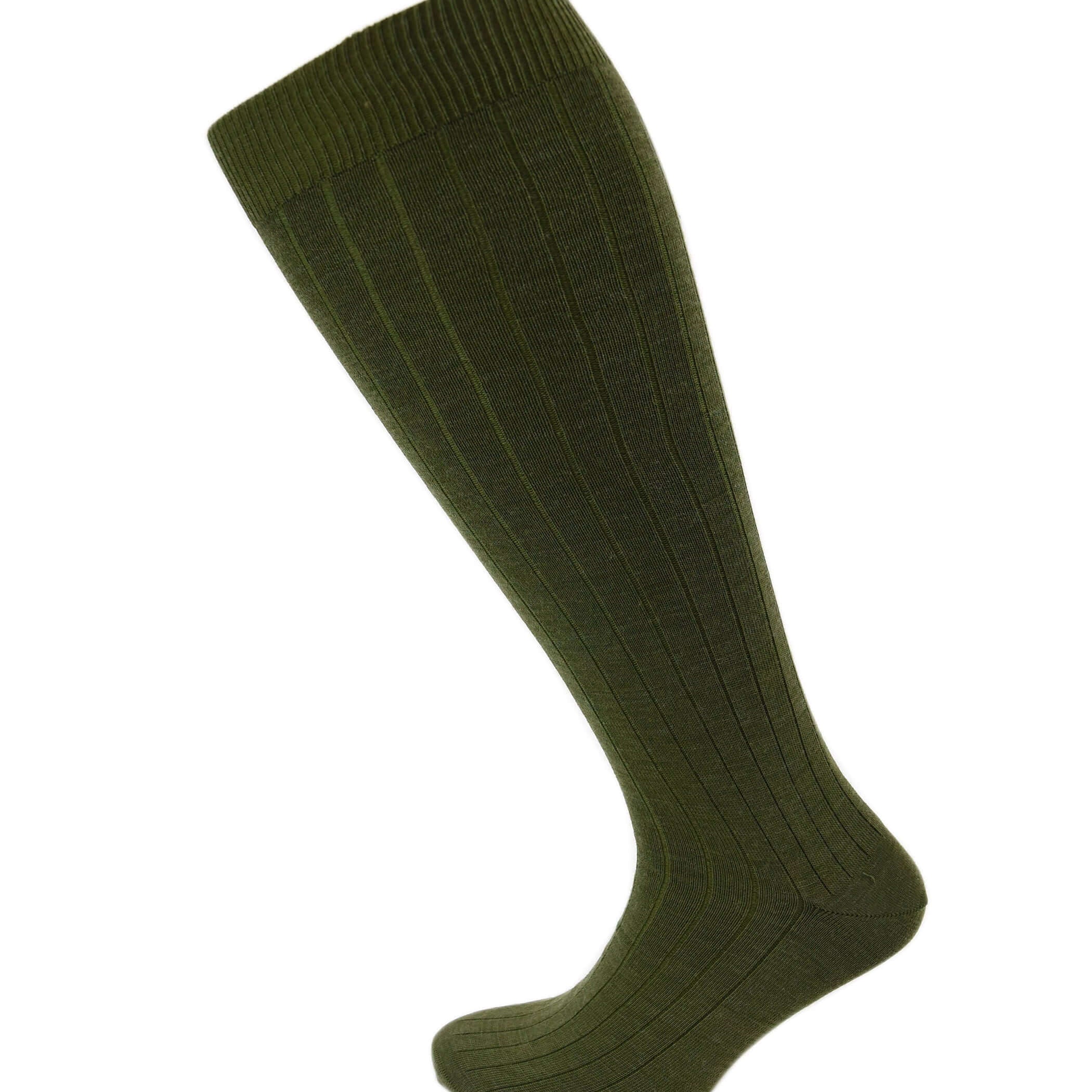 Viyella Mens Knee High Wool Ribbed Sock With Hand Linked Toe - Lovat