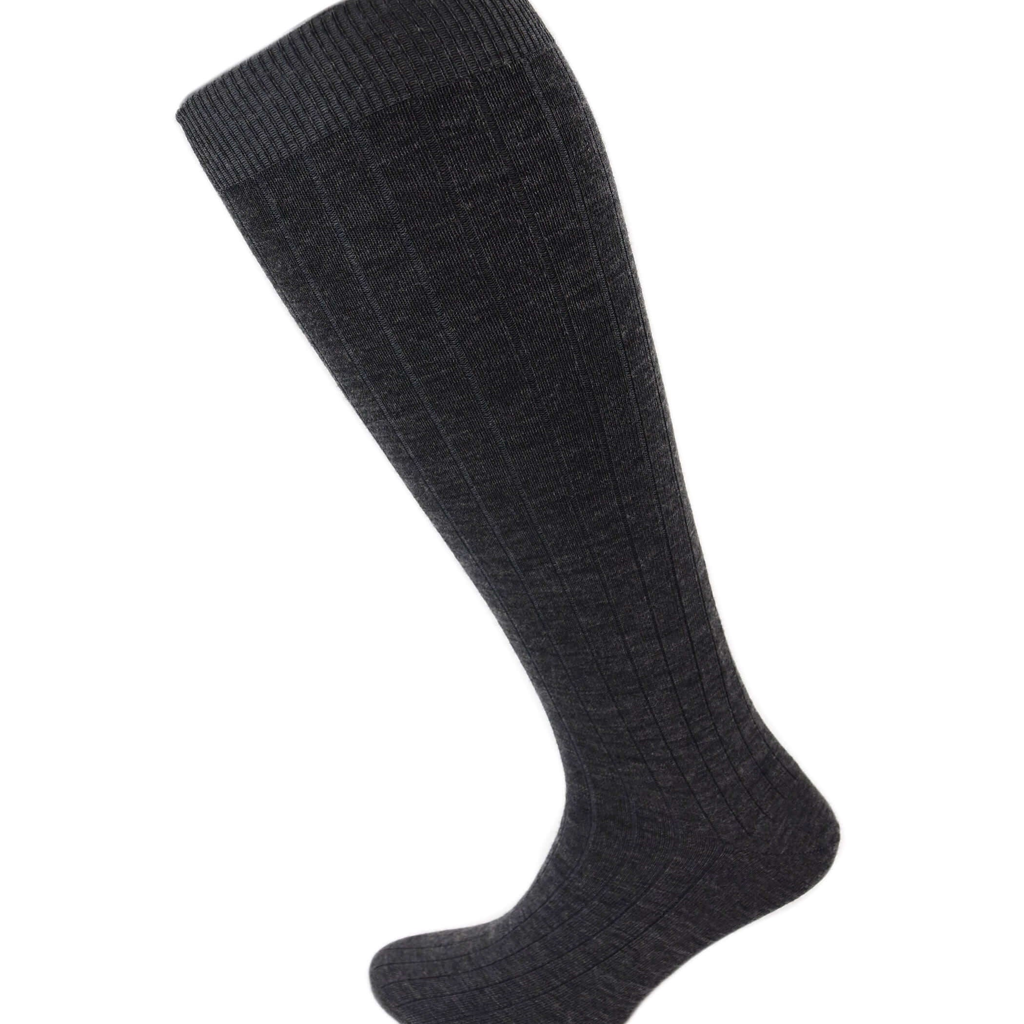 Viyella Mens Knee High Wool Ribbed Sock With Hand Linked Toe - Mid Grey