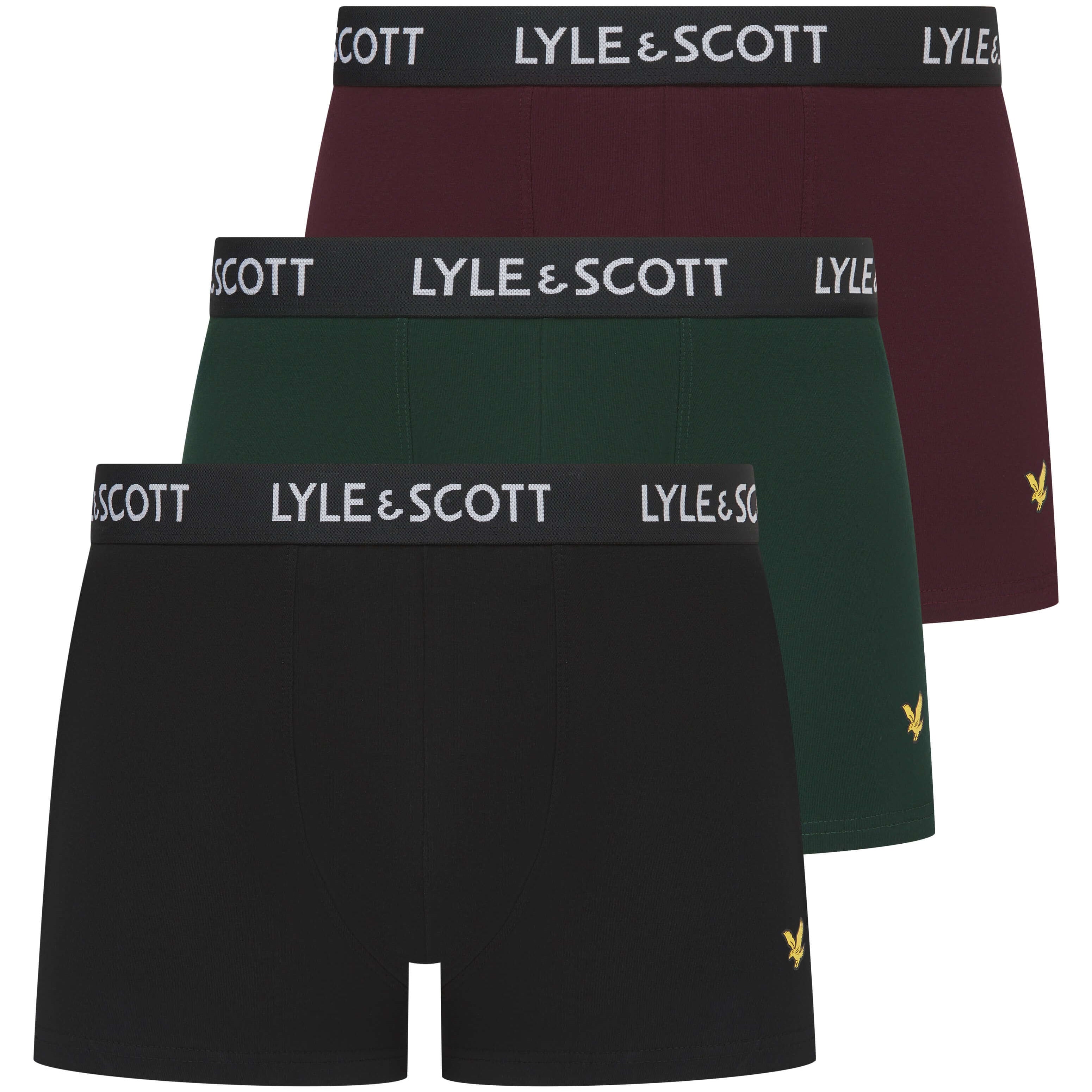 Lyle & Scott Men's 3 Pack Cotton Stretch Trunks - Wine Tasting / Black / Pine Grove