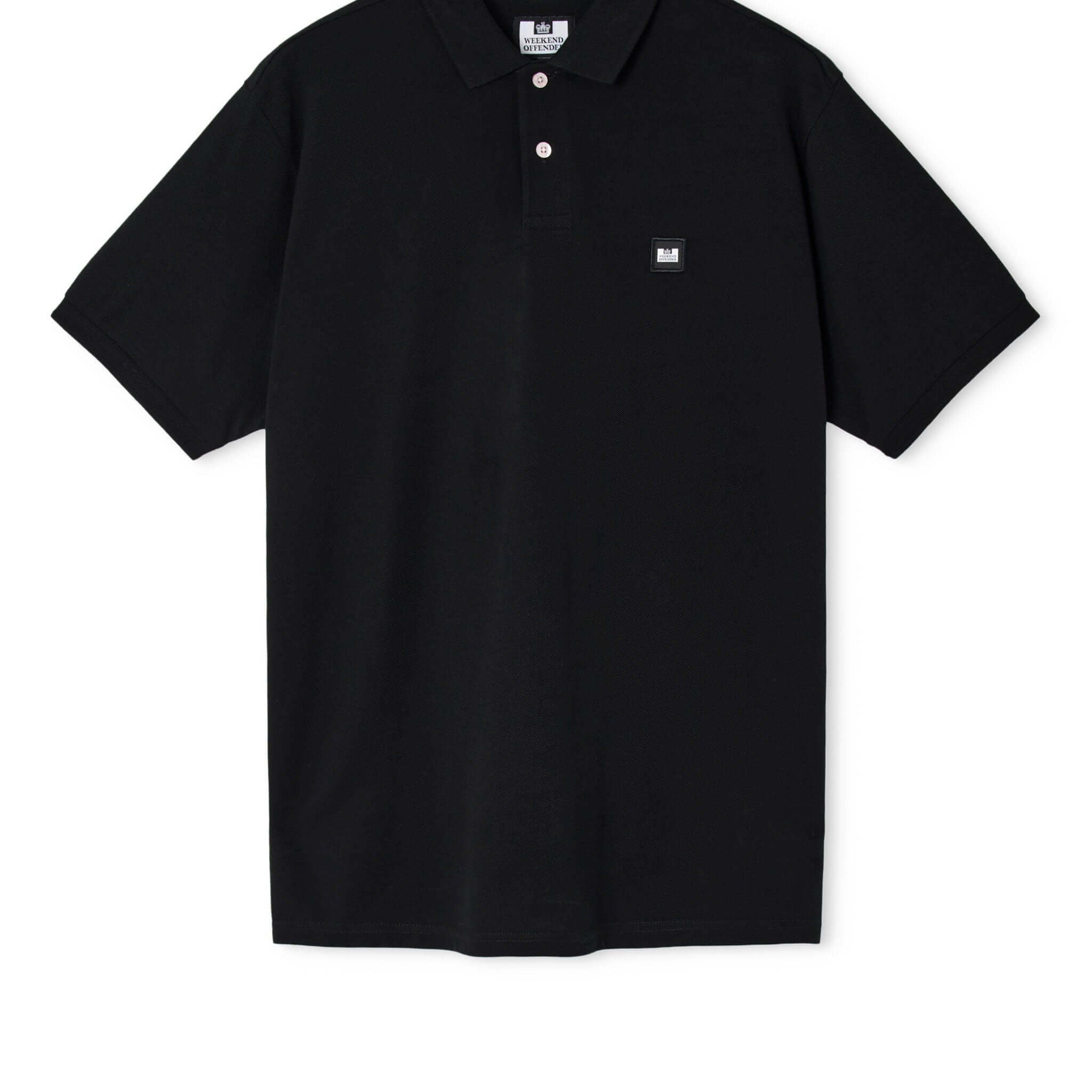 Black polo shirt with a small logo on a white background