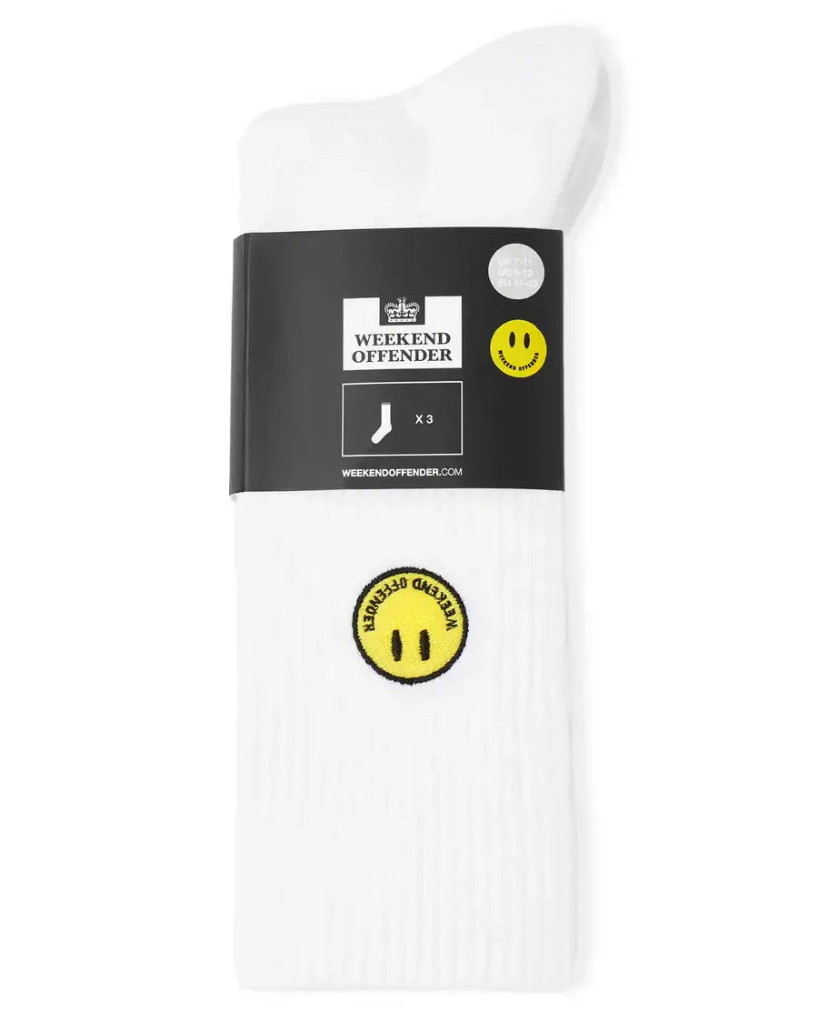 Weekend Offender Smiley Sports Socks White - 3 Pack