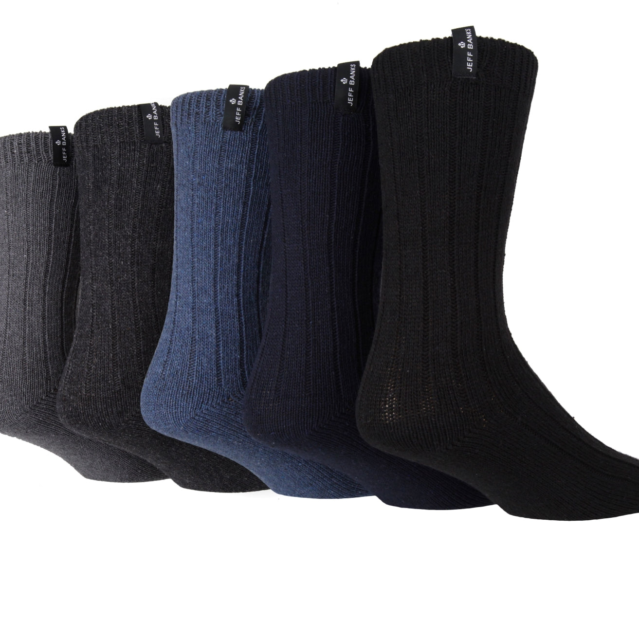 Jeff Banks Men's 5 Pack Wool Mix Rib Boot Socks - Blue / Black / Charcoal / Grey