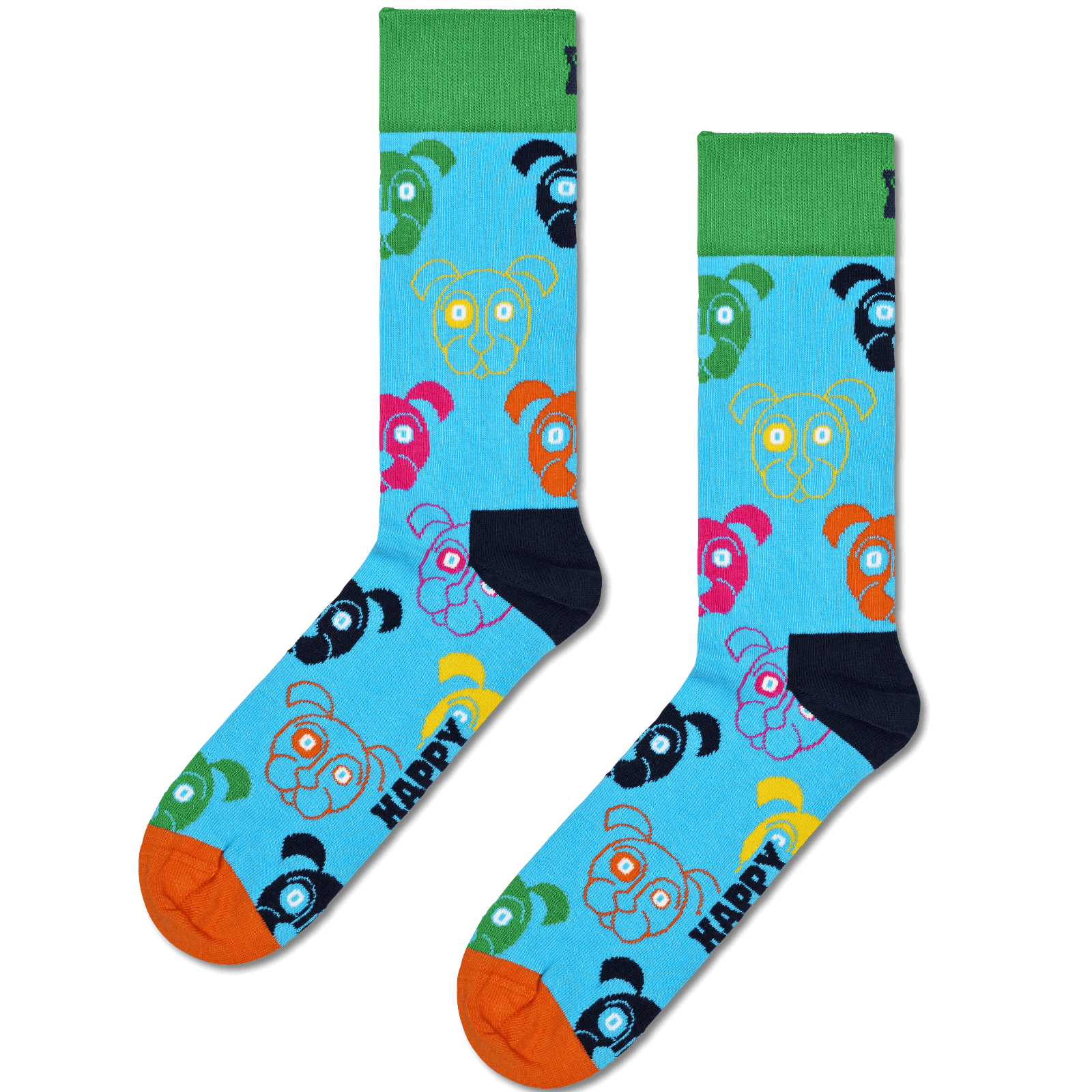 A pair of crew socks with a bright blue background, featuring a colorful pattern of cartoon teddy bears, green and navy cuffs and heels, orange toes, and the word 'HAPPY' printed in black near the foot.