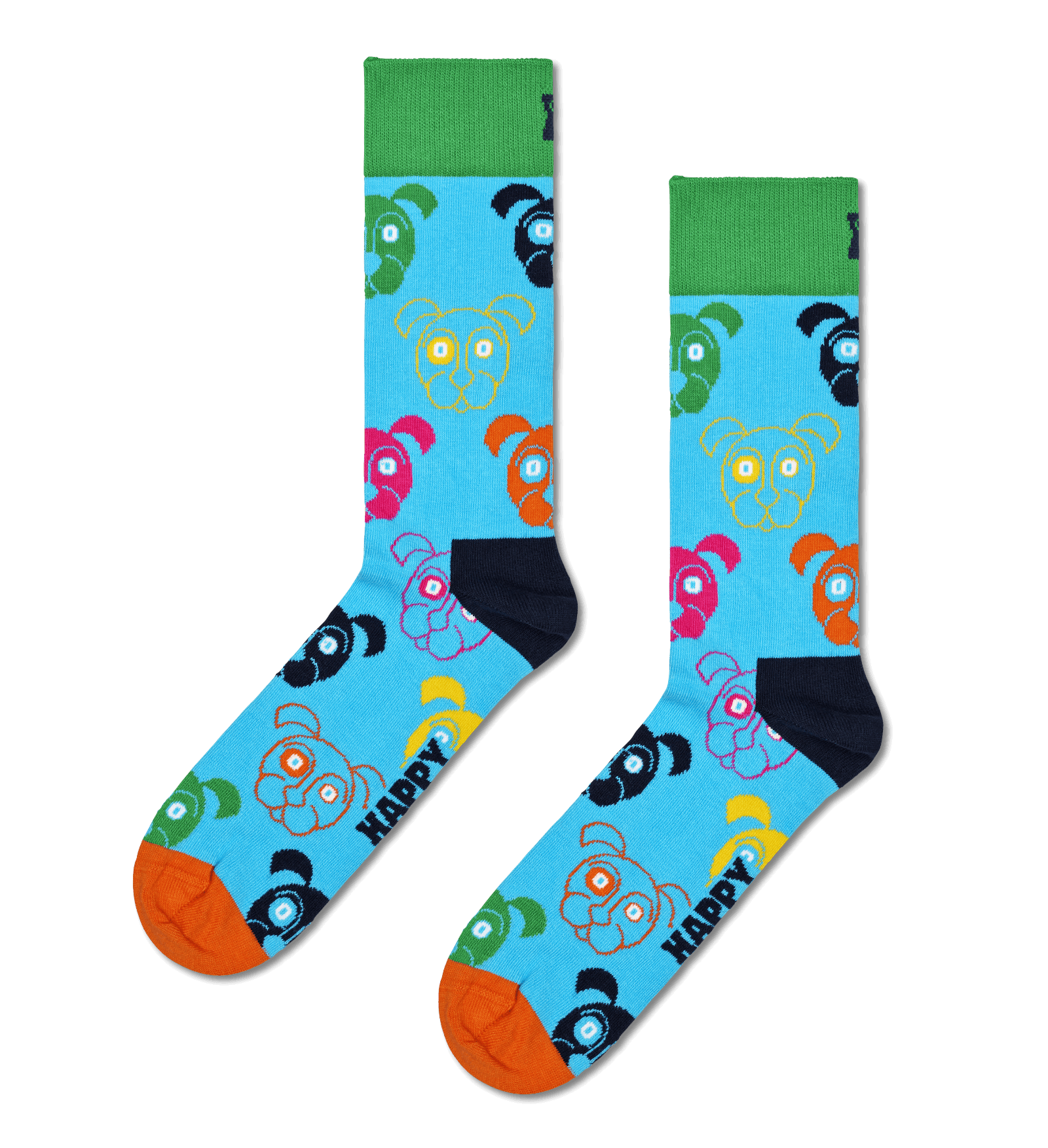 A pair of crew socks with a bright blue background, featuring a colorful pattern of cartoon teddy bears, green and navy cuffs and heels, orange toes, and the word 'HAPPY' printed in black near the foot.