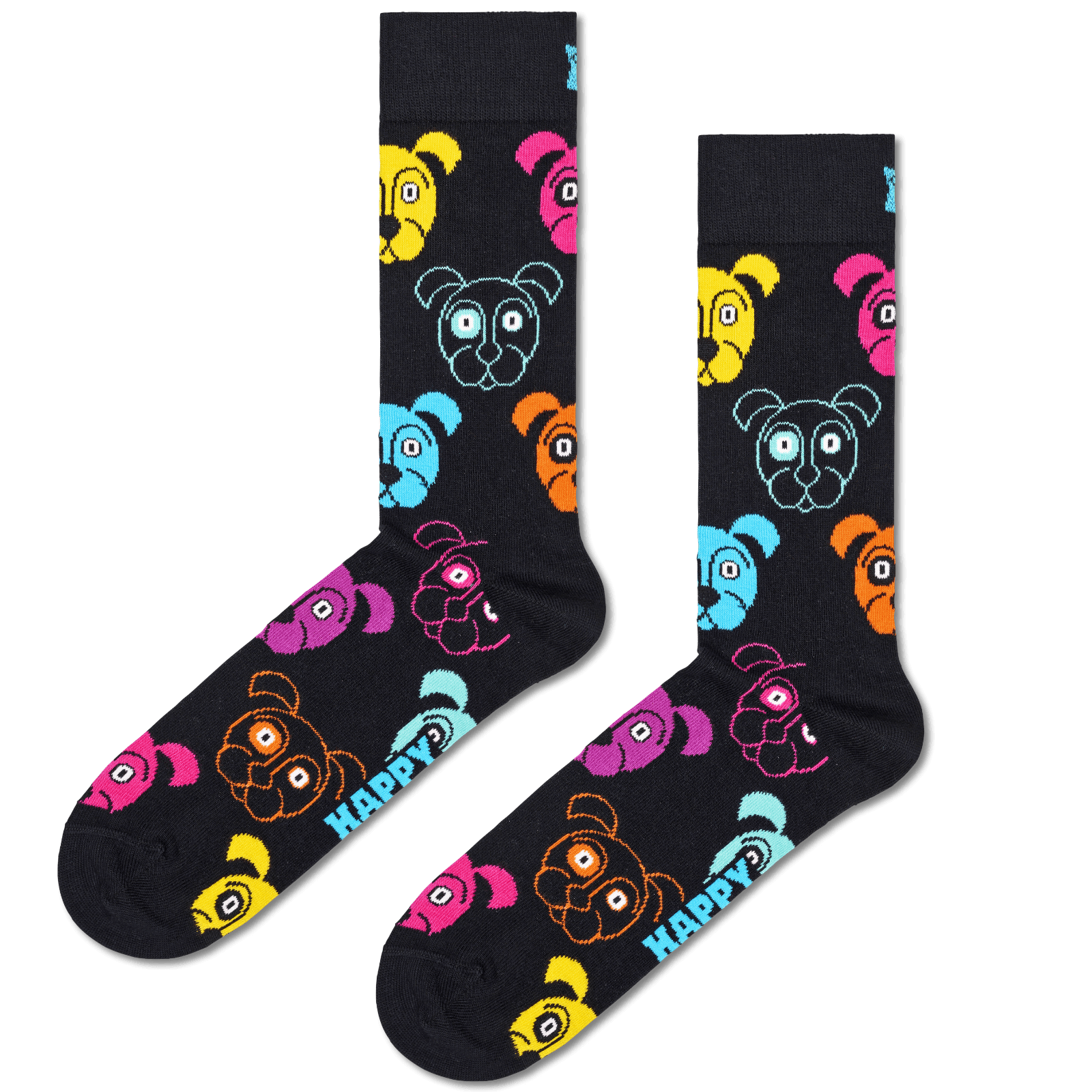 A pair of black crew socks with a colorful cartoon dog pattern and the word 'HAPPY' printed on the foot, displayed against a solid white background.