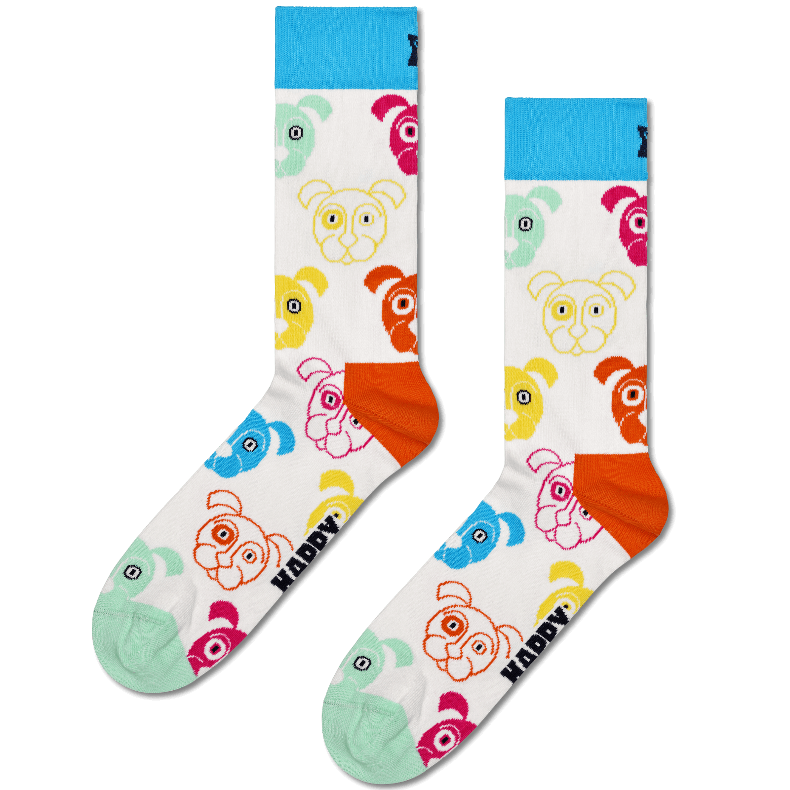 A pair of crew socks with a white base, featuring a colorful cartoon bear face pattern, a bright blue cuff, and orange heels. The brand name 'Kippy' is printed in black along the sole of one sock.