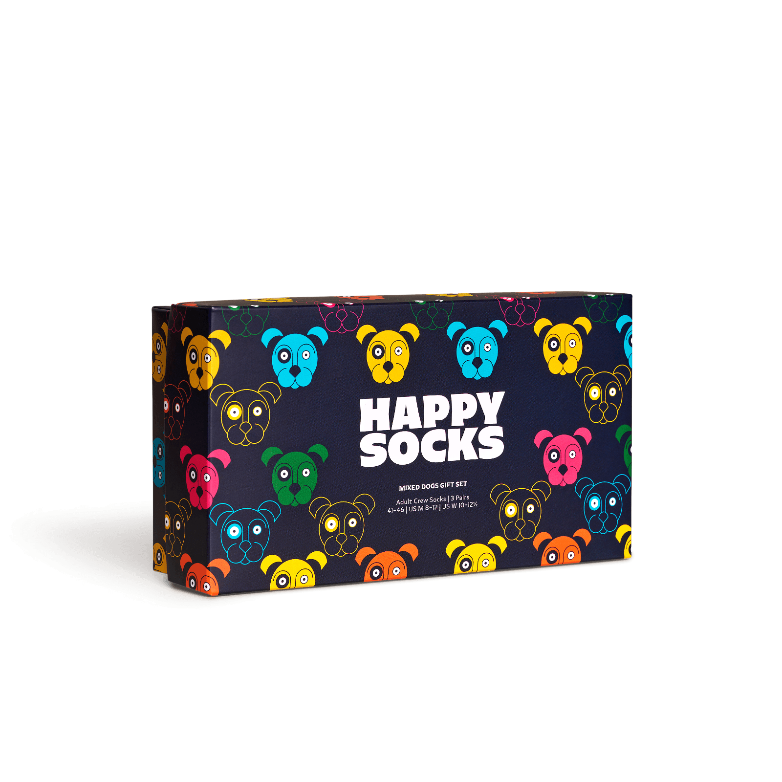 A rectangular gift box for a socks set, featuring a dark navy background covered in colorful cartoon sock-puppet faces and large white text reading 'HAPPY SOCKS'.