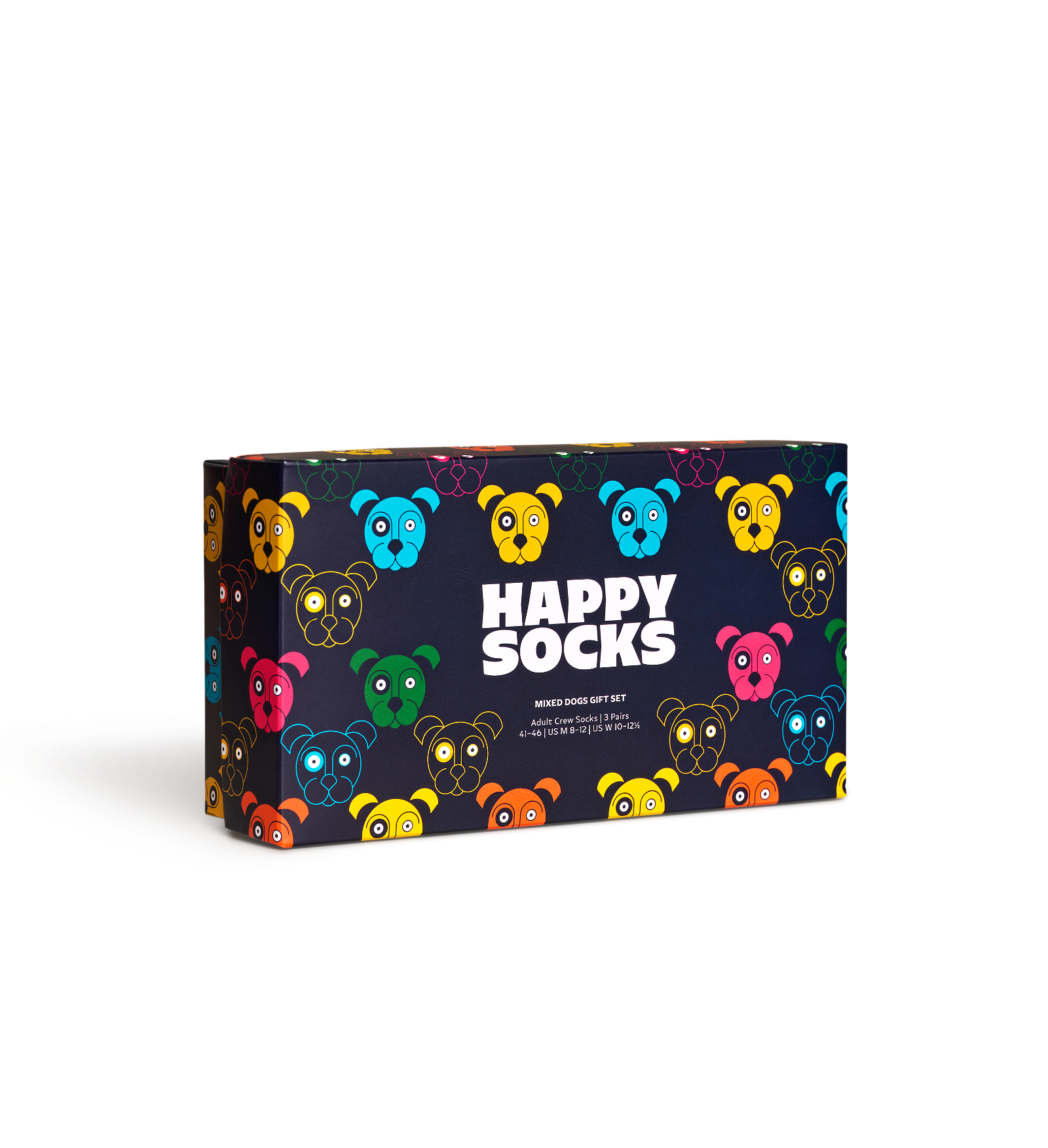 A rectangular gift box for a socks set, featuring a dark navy background covered in colorful cartoon sock-puppet faces and large white text reading 'HAPPY SOCKS'.