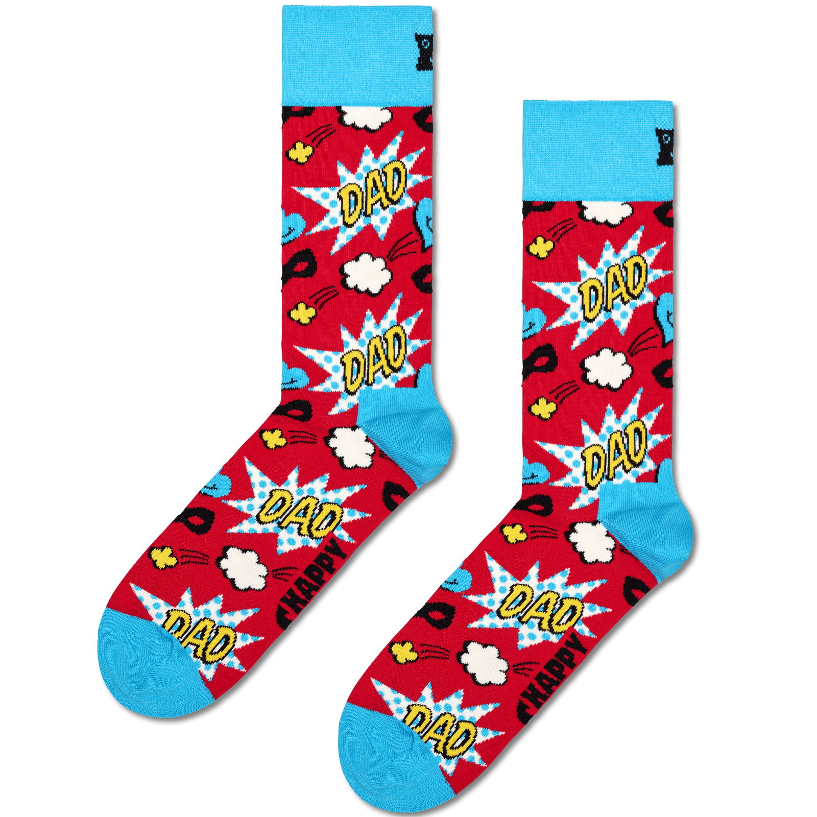 A pair of crew socks with a red and blue comic book theme, featuring the word 'DAD' in yellow inside white comic-style bursts, with black cat silhouettes and small yellow stars. The socks have light blue cuffs, heels, and toes, and a small black cat logo is visible on the cuff.