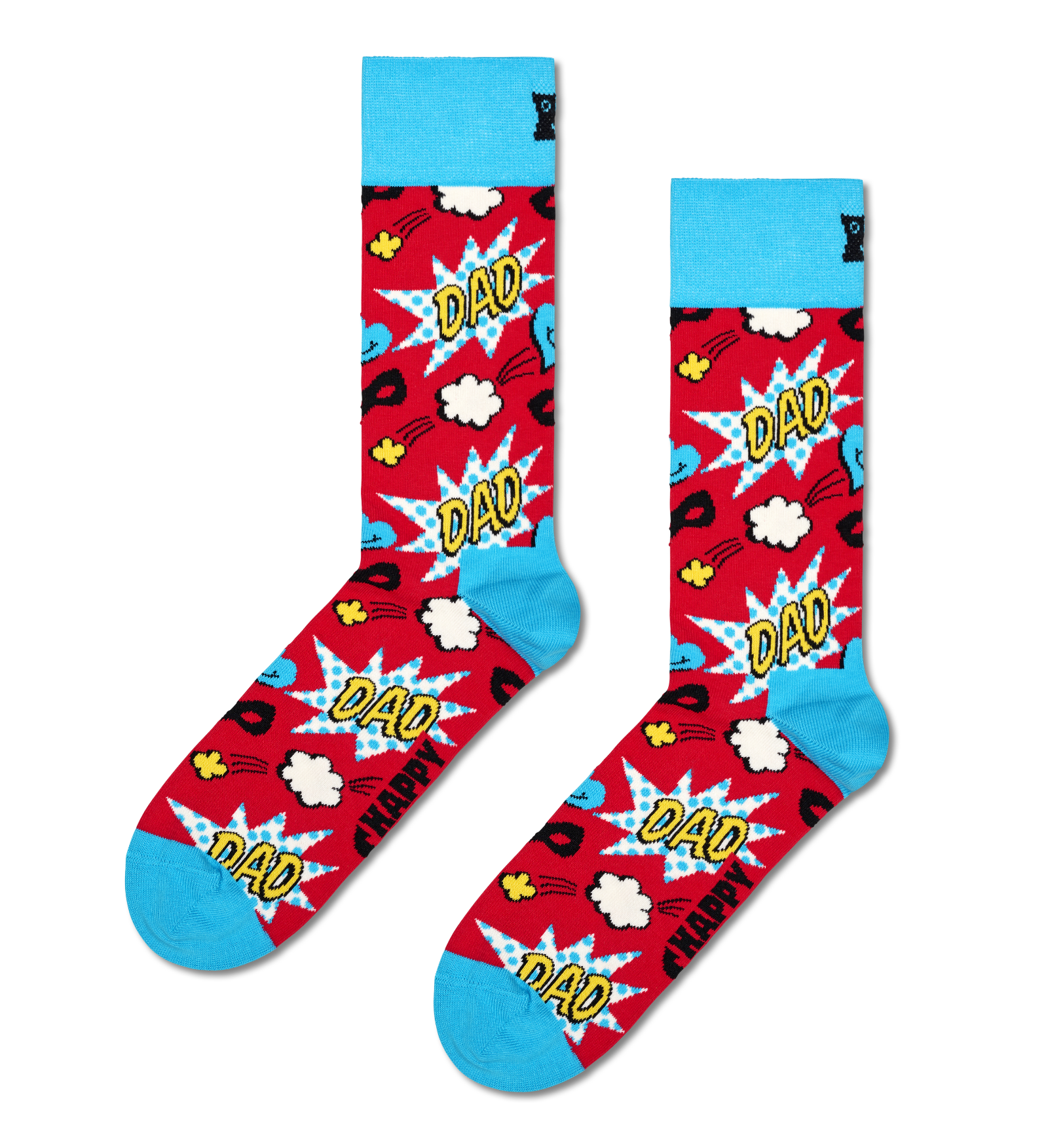 A pair of crew socks with a red and blue comic book theme, featuring the word 'DAD' in yellow inside white comic-style bursts, with black cat silhouettes and small yellow stars. The socks have light blue cuffs, heels, and toes, and a small black cat logo is visible on the cuff.