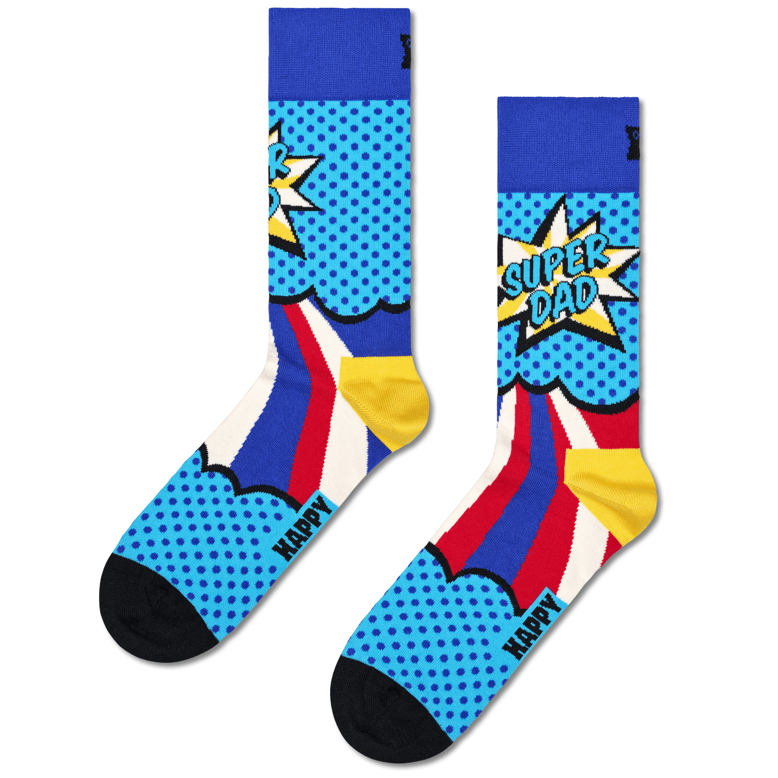 A pair of crew socks with a vibrant comic book pop-art design, featuring blue polka-dot clouds, red and yellow starburst shapes, and the words 'SUPER DAD' and 'HAPPY'.