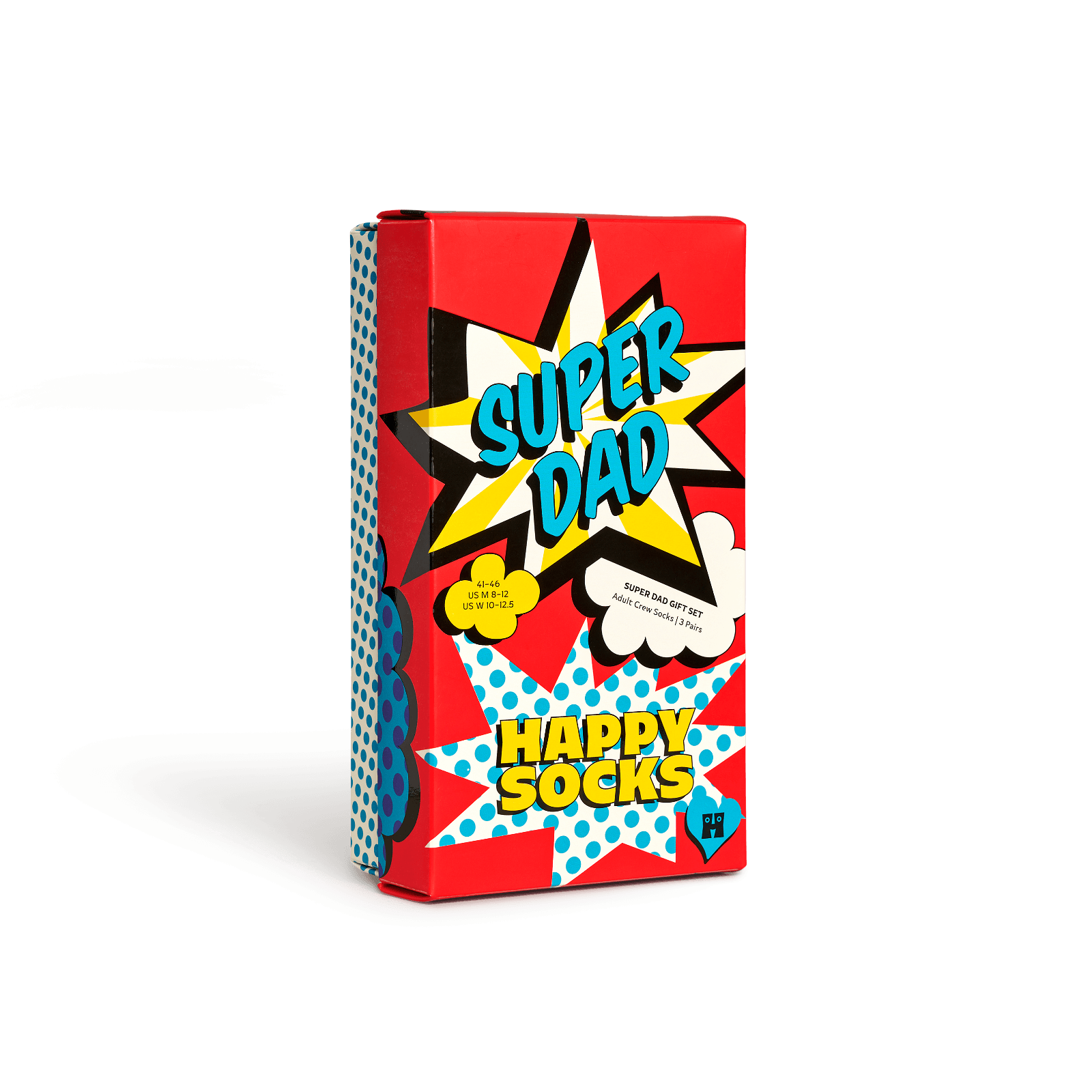 A novelty sock box for 'Super Dad' featuring a bold comic-book style design with red, blue, yellow, and white starburst graphics on a clean white background.